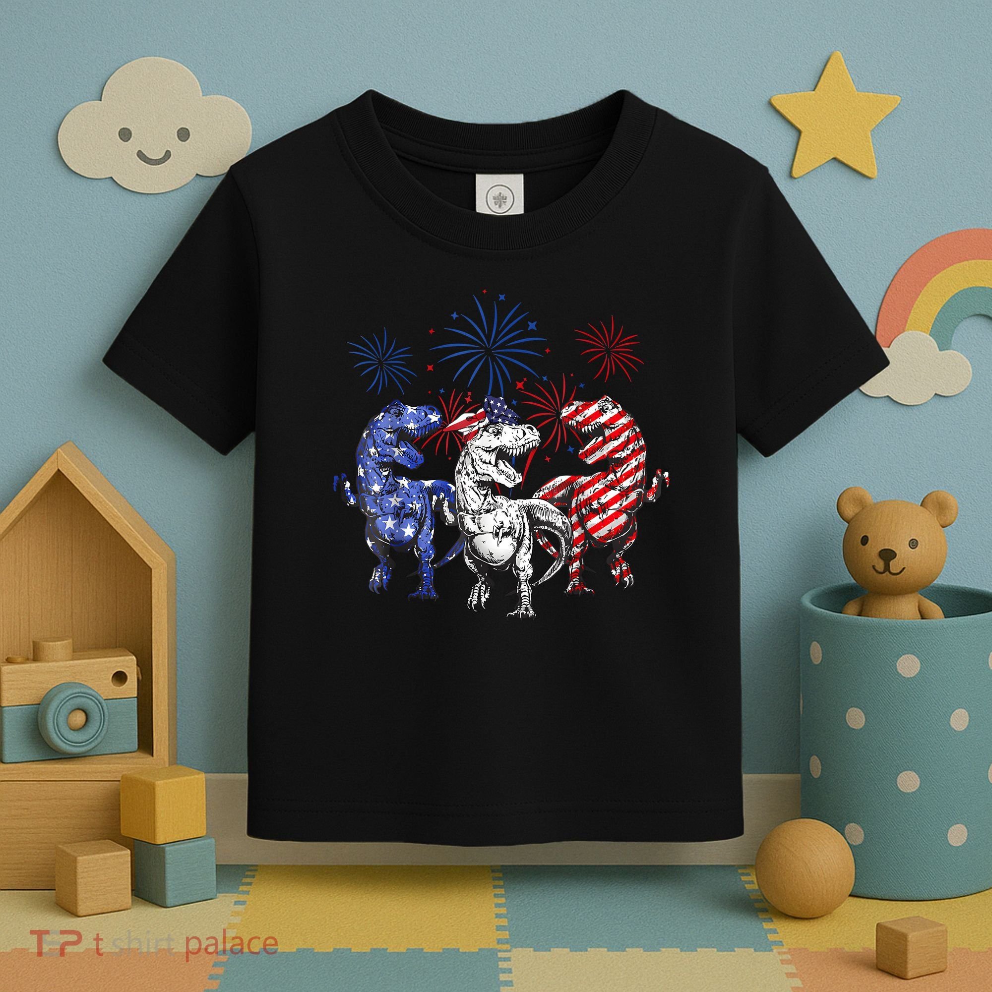 Red White Blue T Rex Dinosaur Firework 4th Of July Toddler T-Shirt
