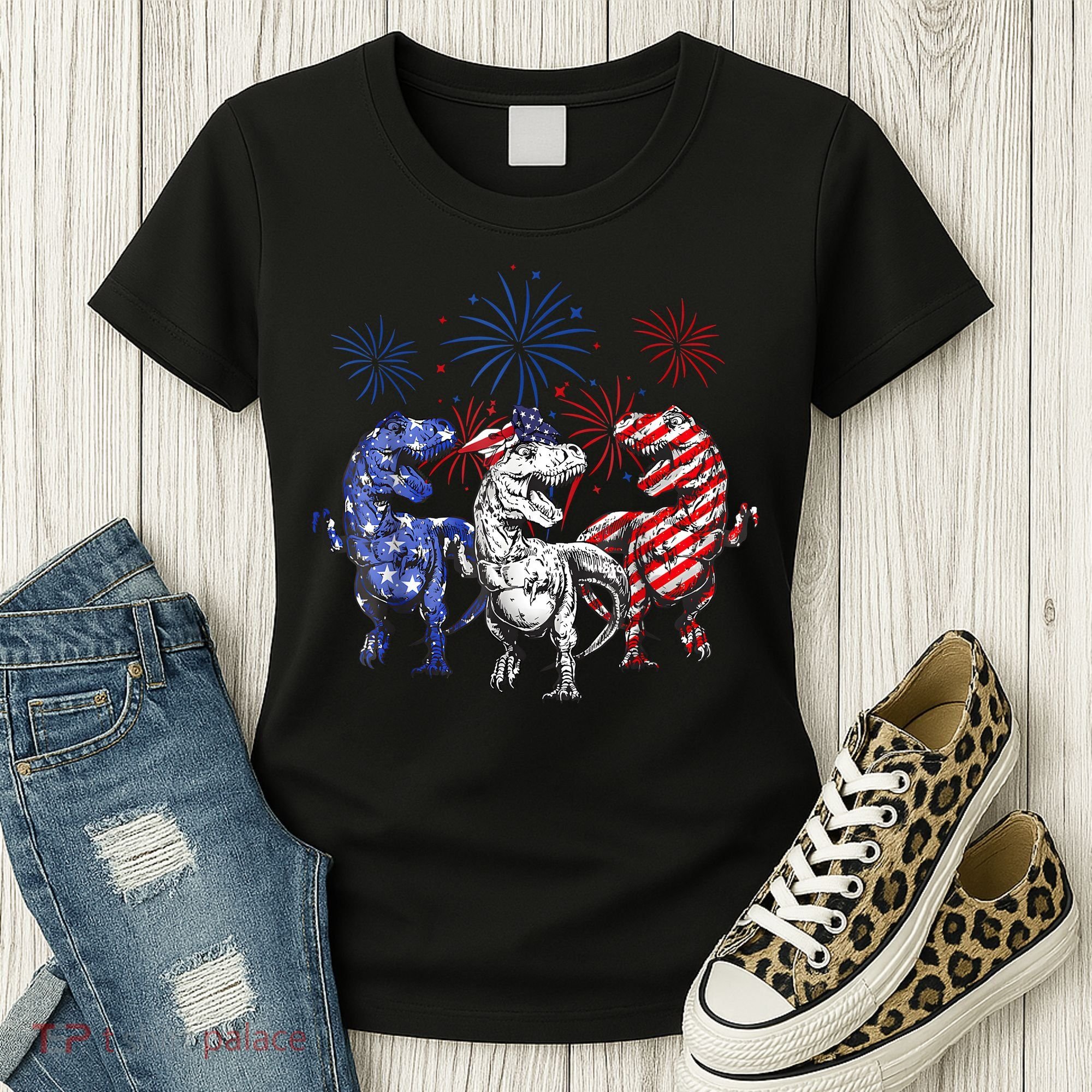 Red White Blue T Rex Dinosaur Firework 4th Of July Women's T-Shirt