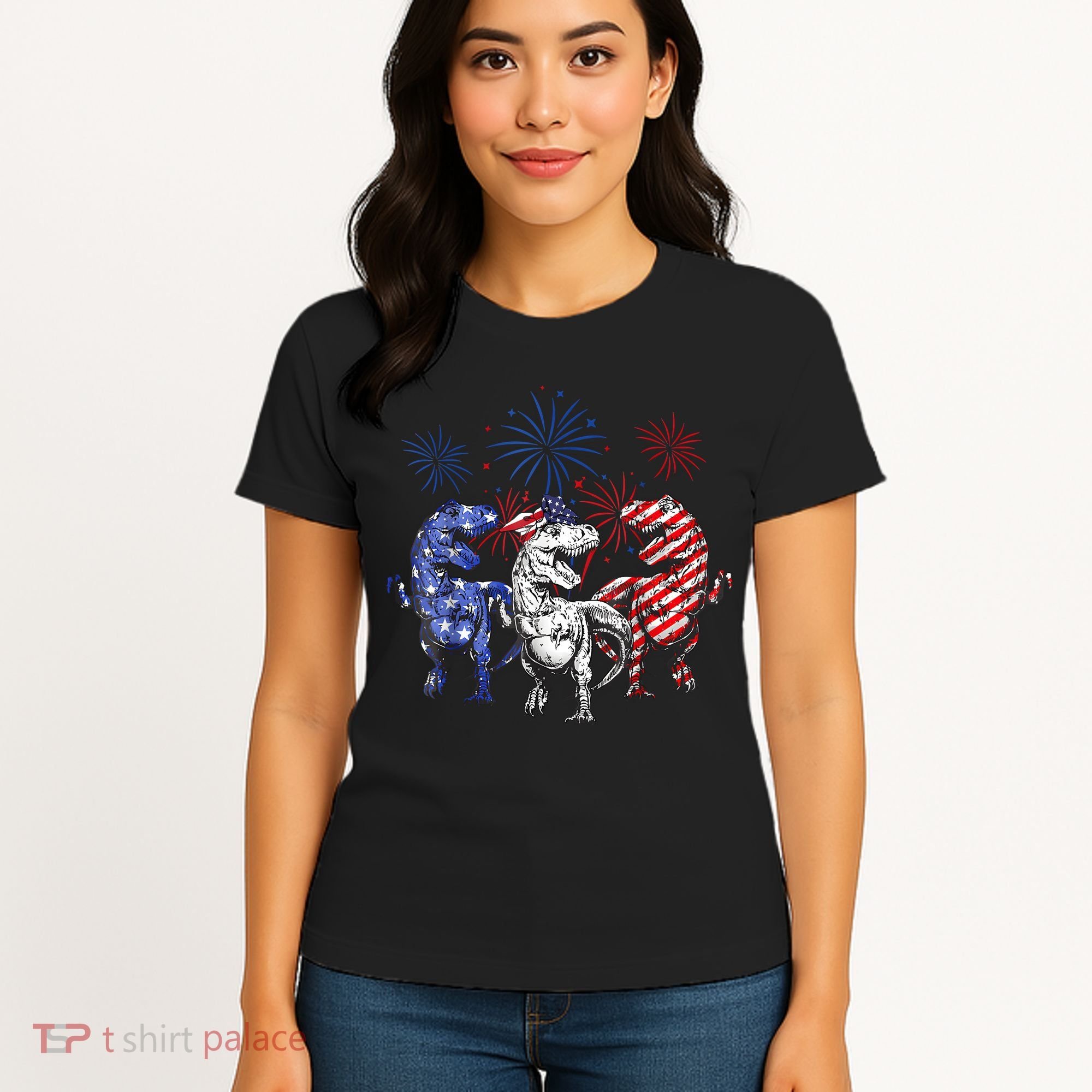 Red White Blue T Rex Dinosaur Firework 4th Of July Women's T-Shirt