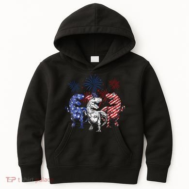 Red White Blue T Rex Dinosaur Firework 4th Of July Kids Hoodie