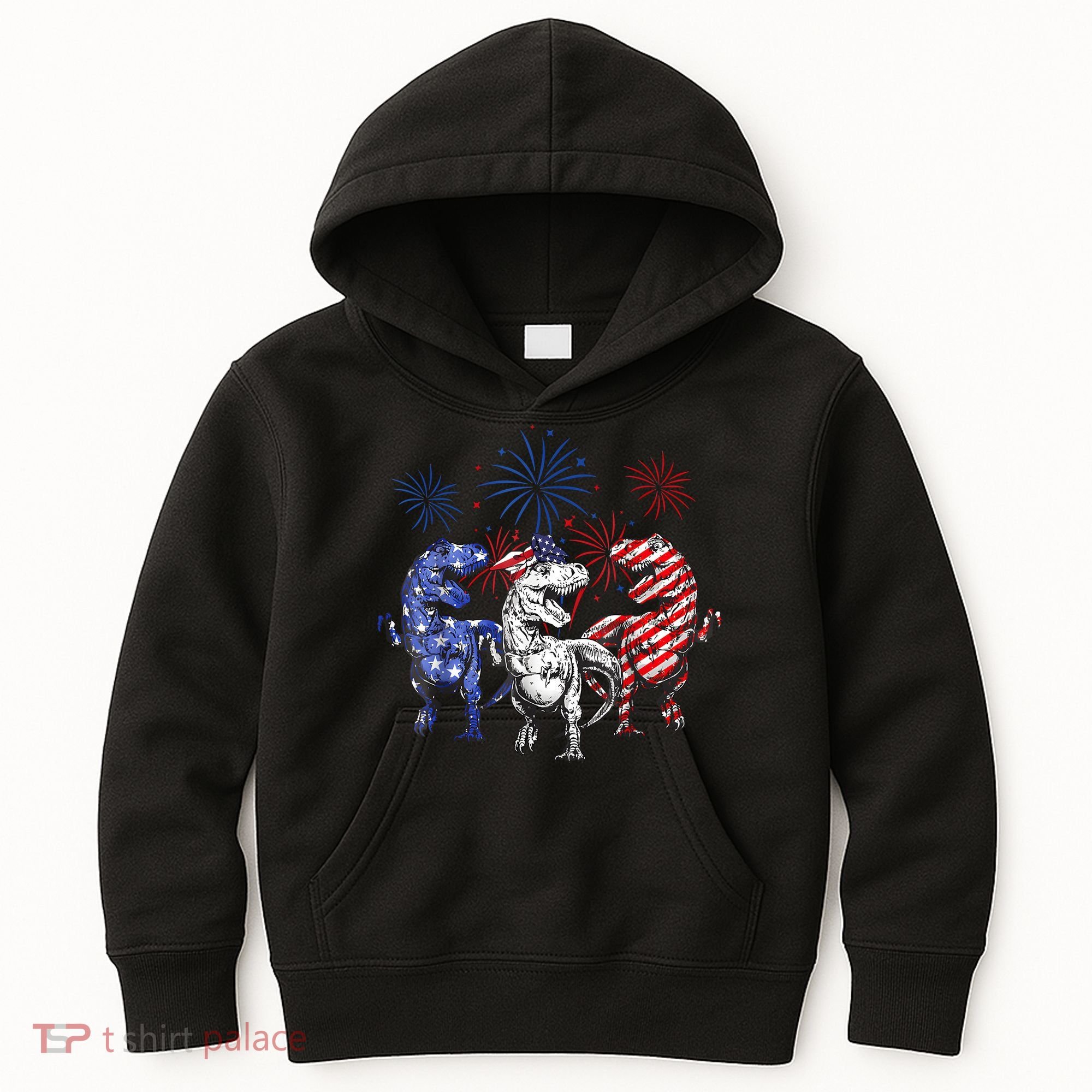Red White Blue T Rex Dinosaur Firework 4th Of July Kids Hoodie