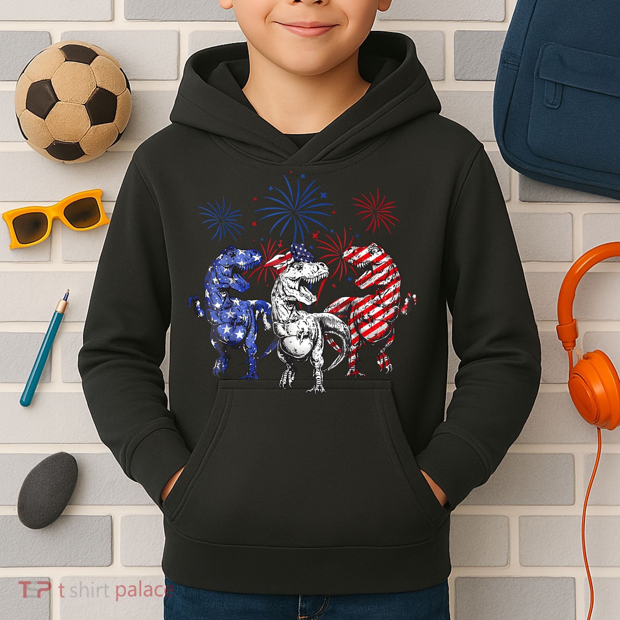 Red White Blue T Rex Dinosaur Firework 4th Of July Kids Hoodie