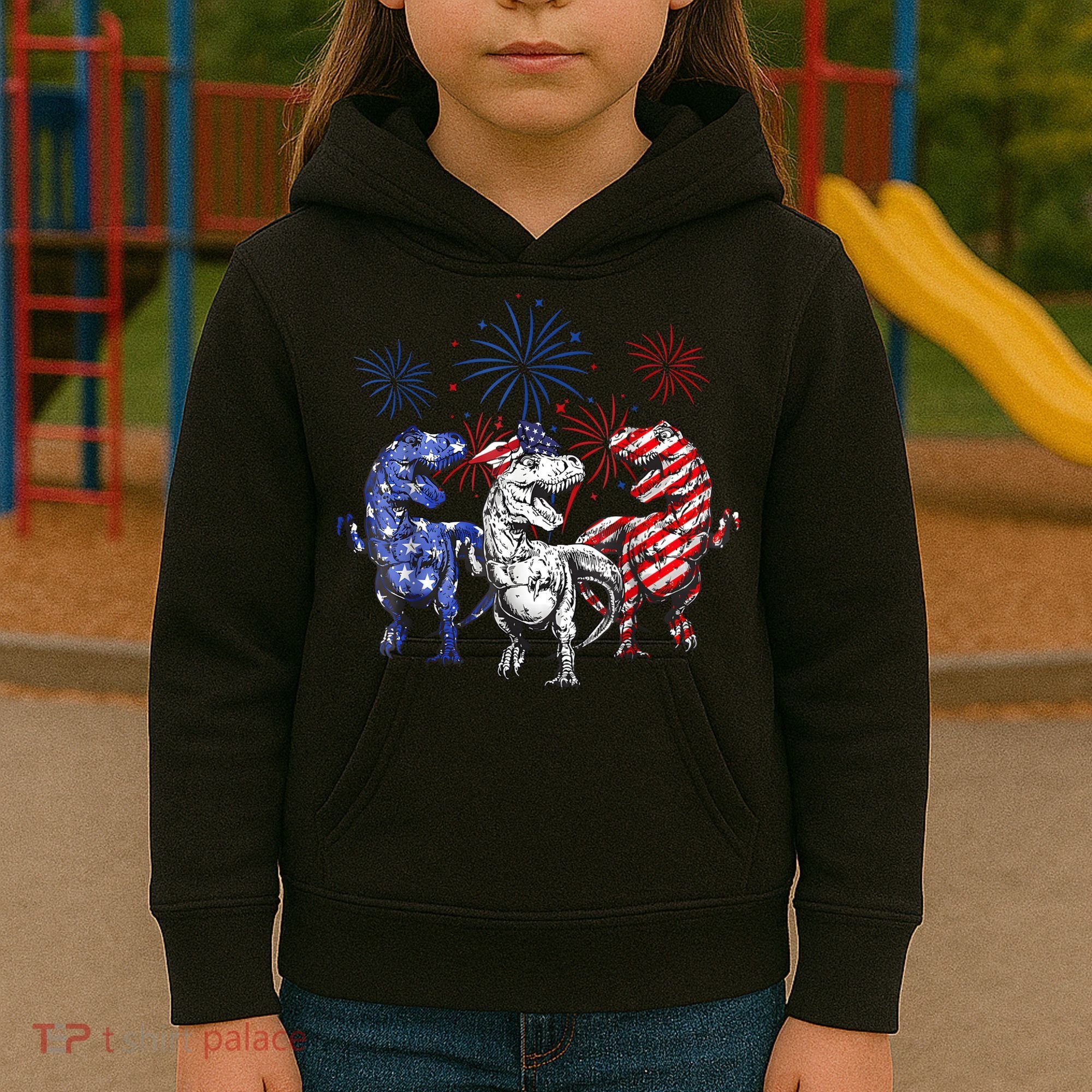 Red White Blue T Rex Dinosaur Firework 4th Of July Kids Hoodie