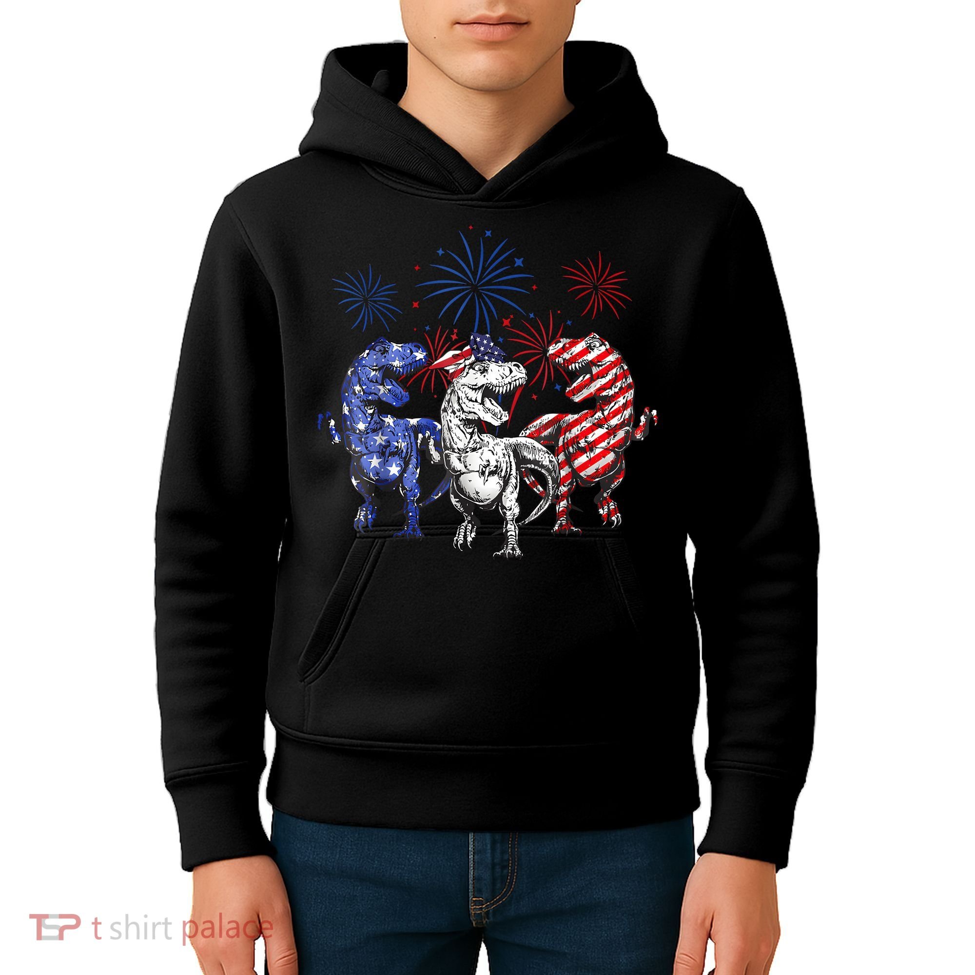 Red White Blue T Rex Dinosaur Firework 4th Of July Kids Hoodie