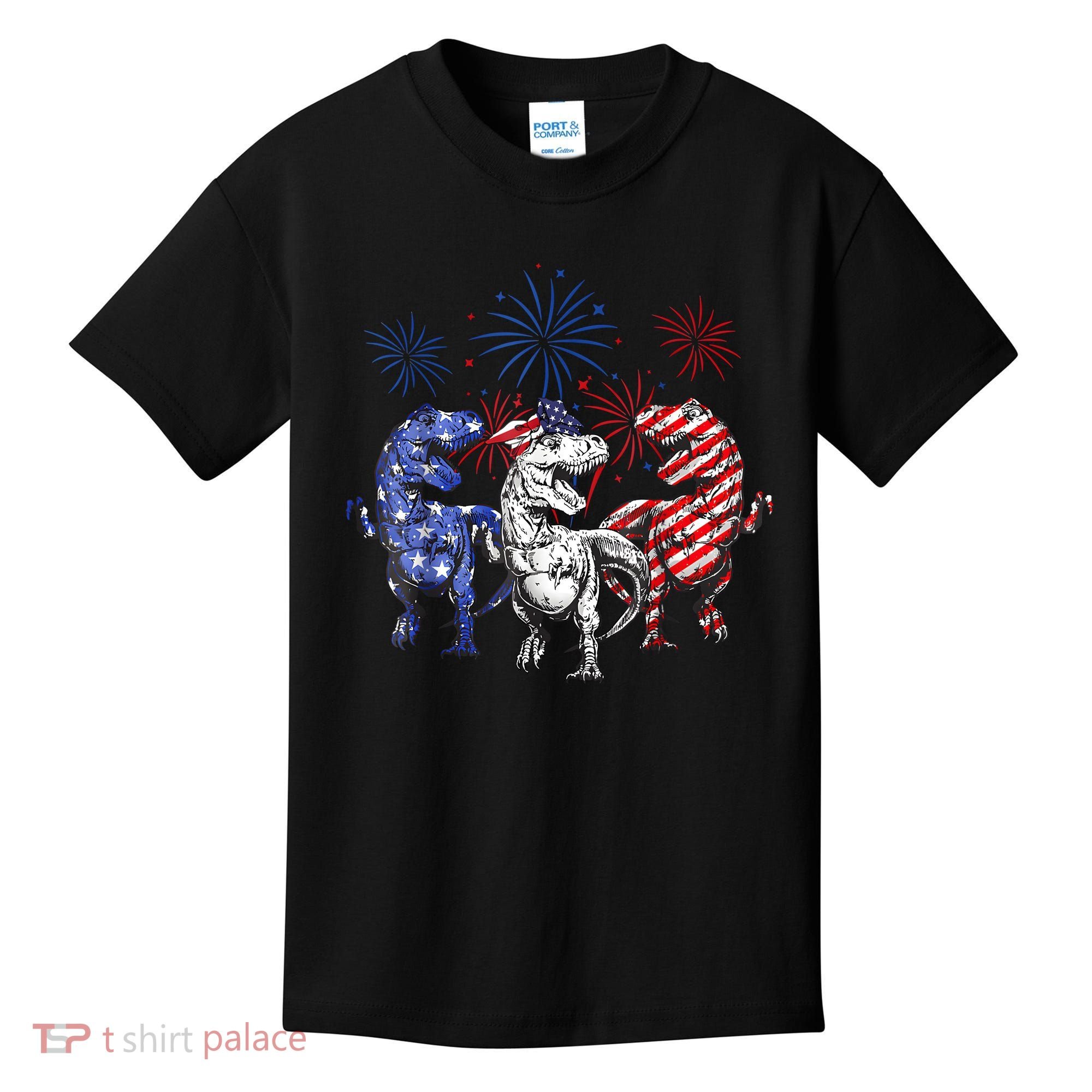 Red White Blue T Rex Dinosaur Firework 4th Of July Kids T-Shirt