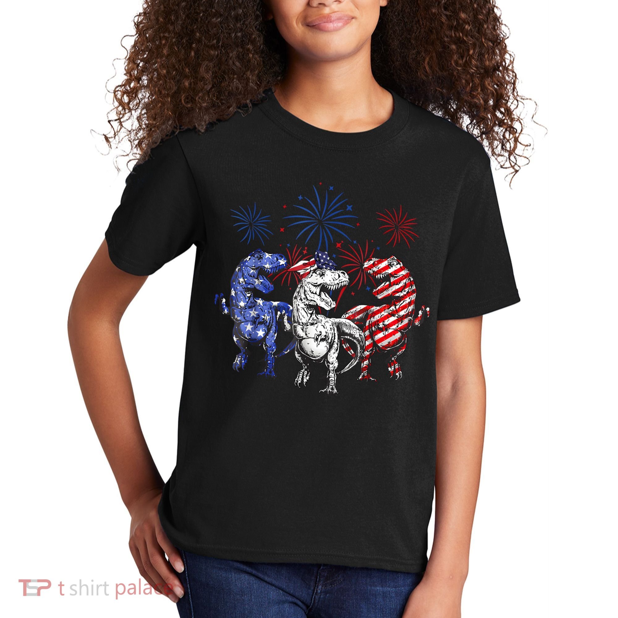 Red White Blue T Rex Dinosaur Firework 4th Of July Kids T-Shirt