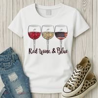 Red Wine & Blue 4th Of July Wine Red White Blue Wine Glasses Women's T-Shirt thumb 3