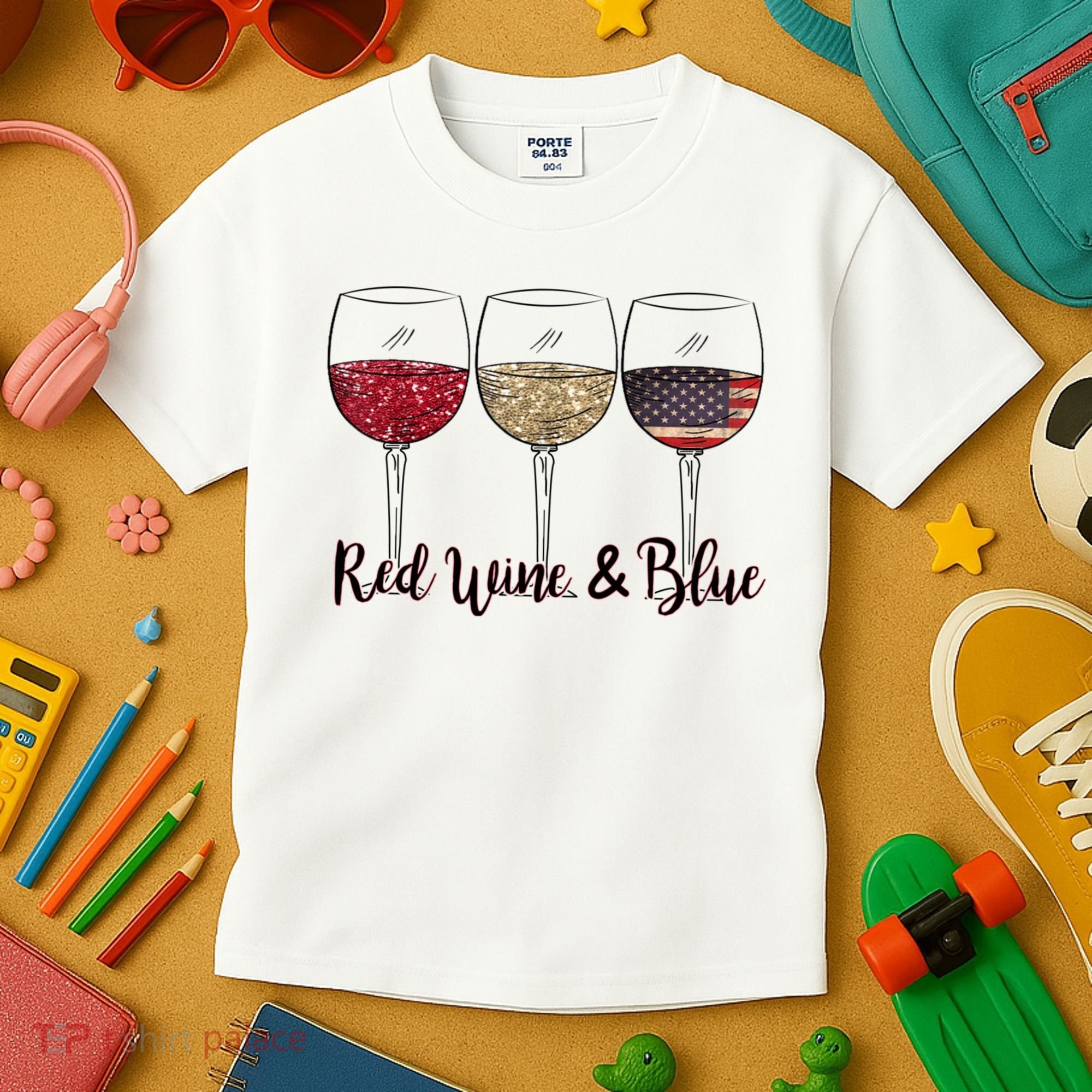 Red Wine & Blue 4th Of July Wine Red White Blue Wine Glasses Kids T-Shirt