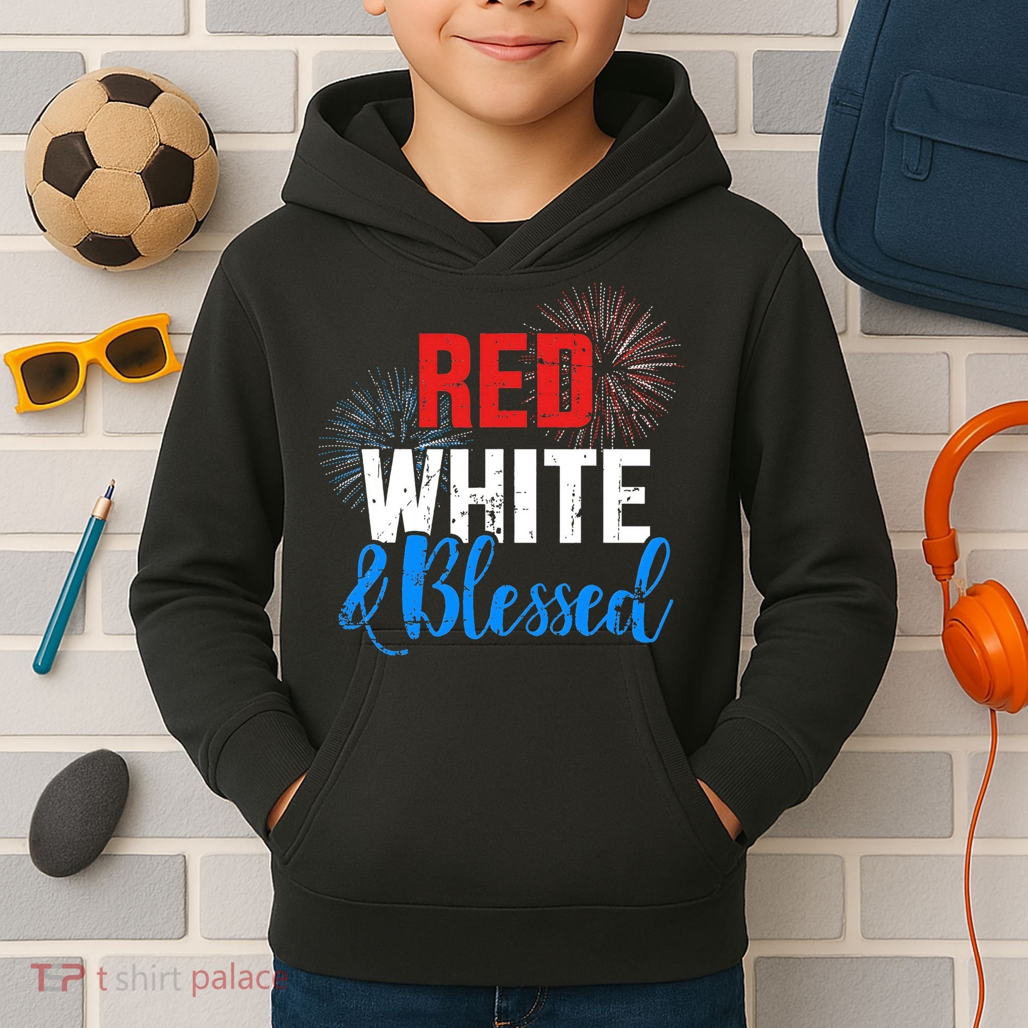 Red white blessed for Independence day on 4th of July Kids Hoodie