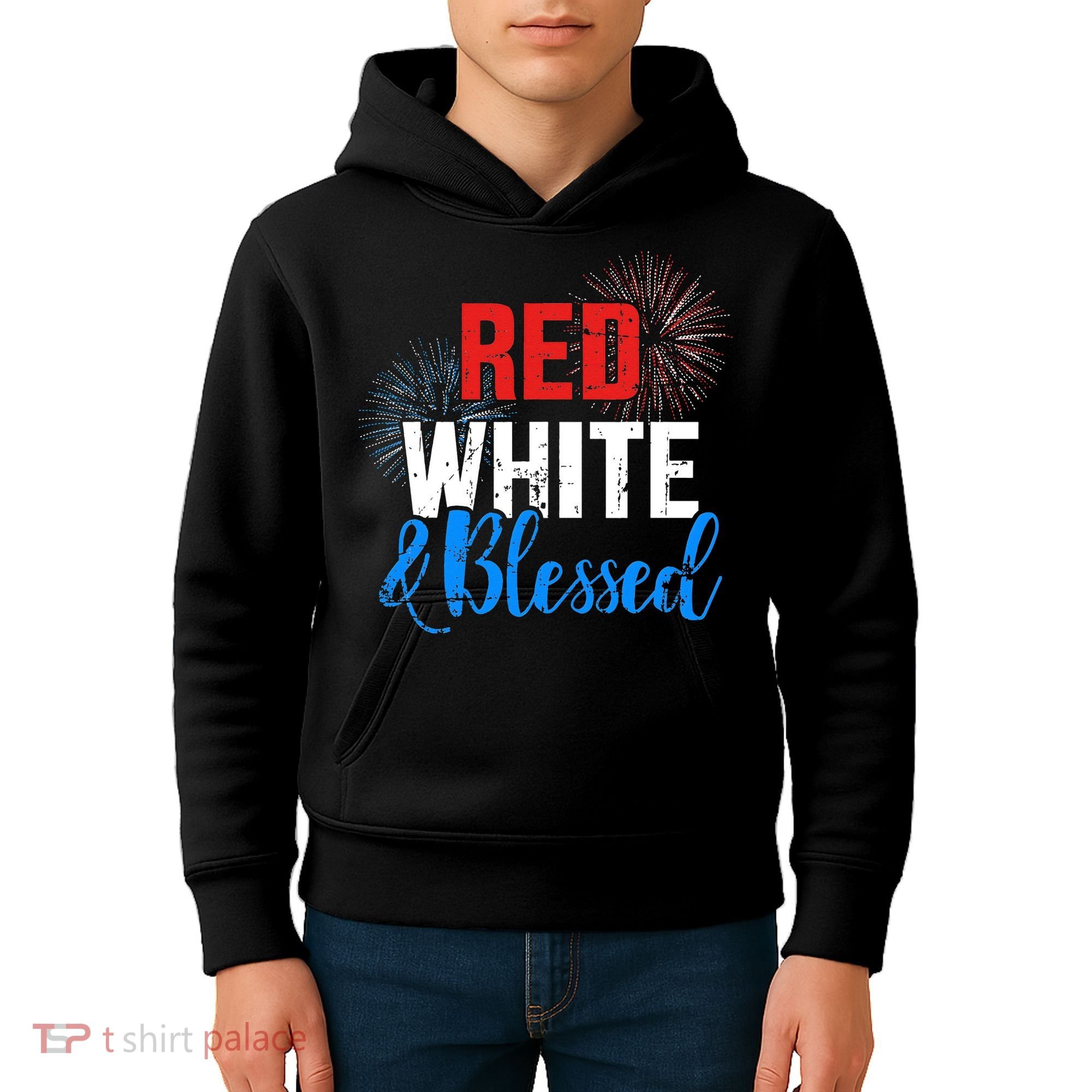 Red white blessed for Independence day on 4th of July Kids Hoodie