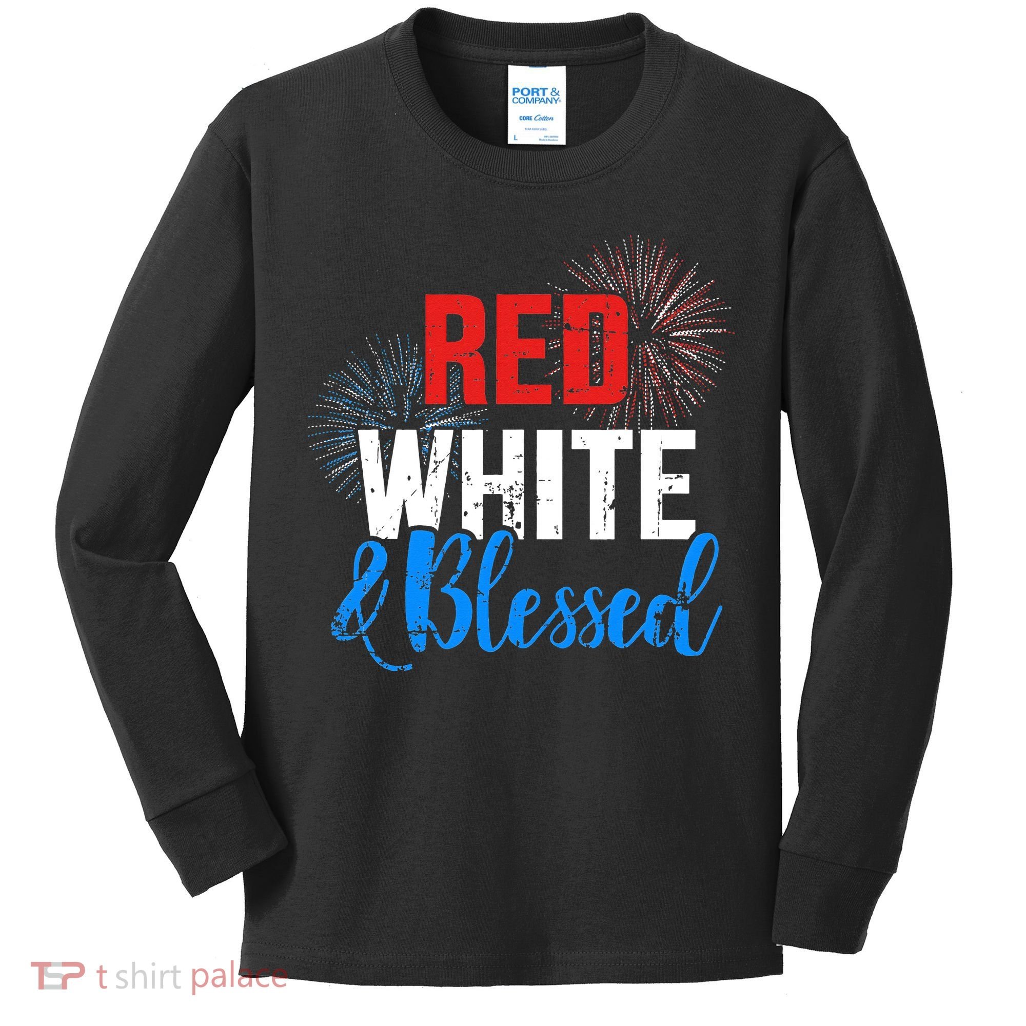 Red white blessed for Independence day on 4th of July Kids Long Sleeve Shirt