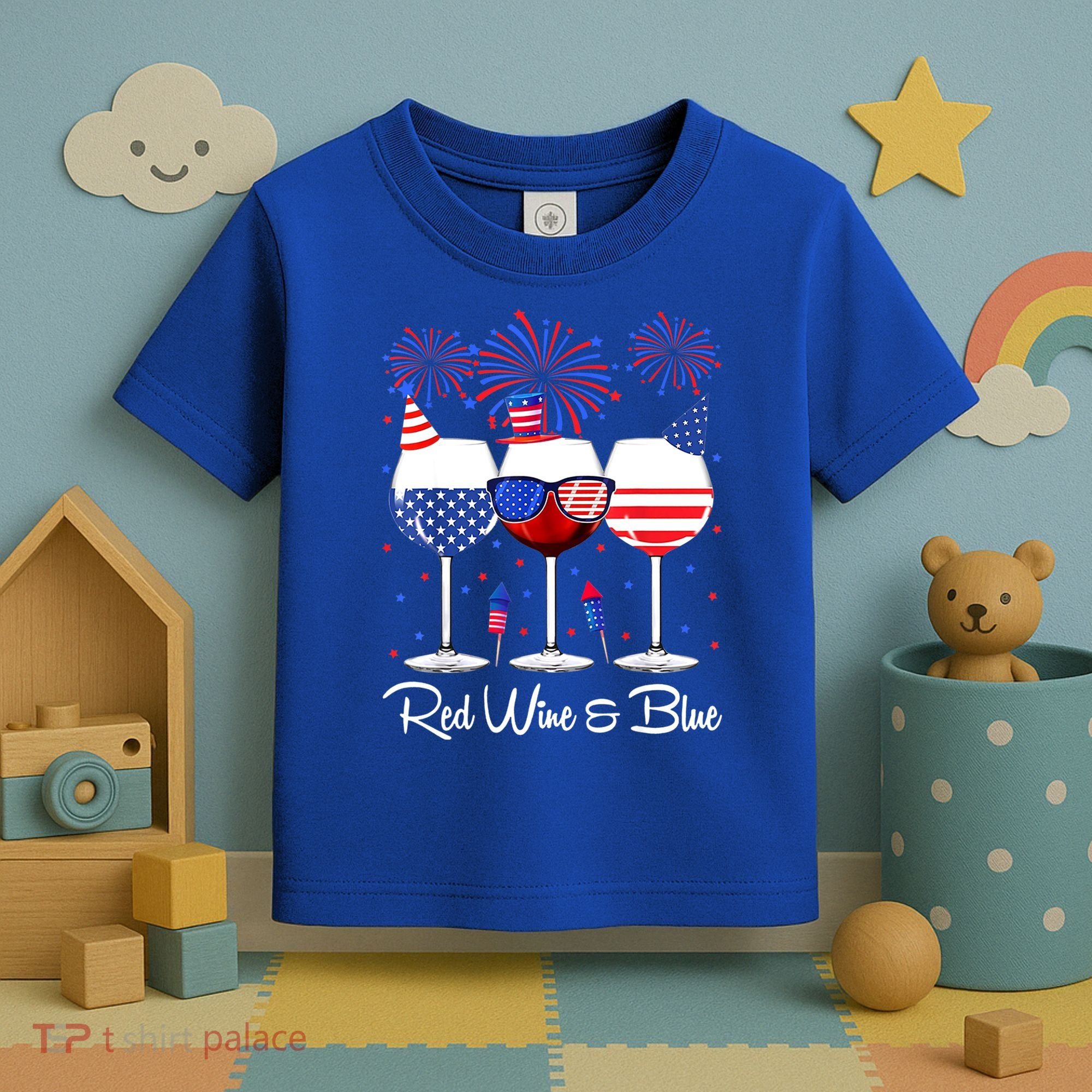 Red Wine & Blue 4th Of July Wine Red White Blue Wine Glasses Toddler T-Shirt