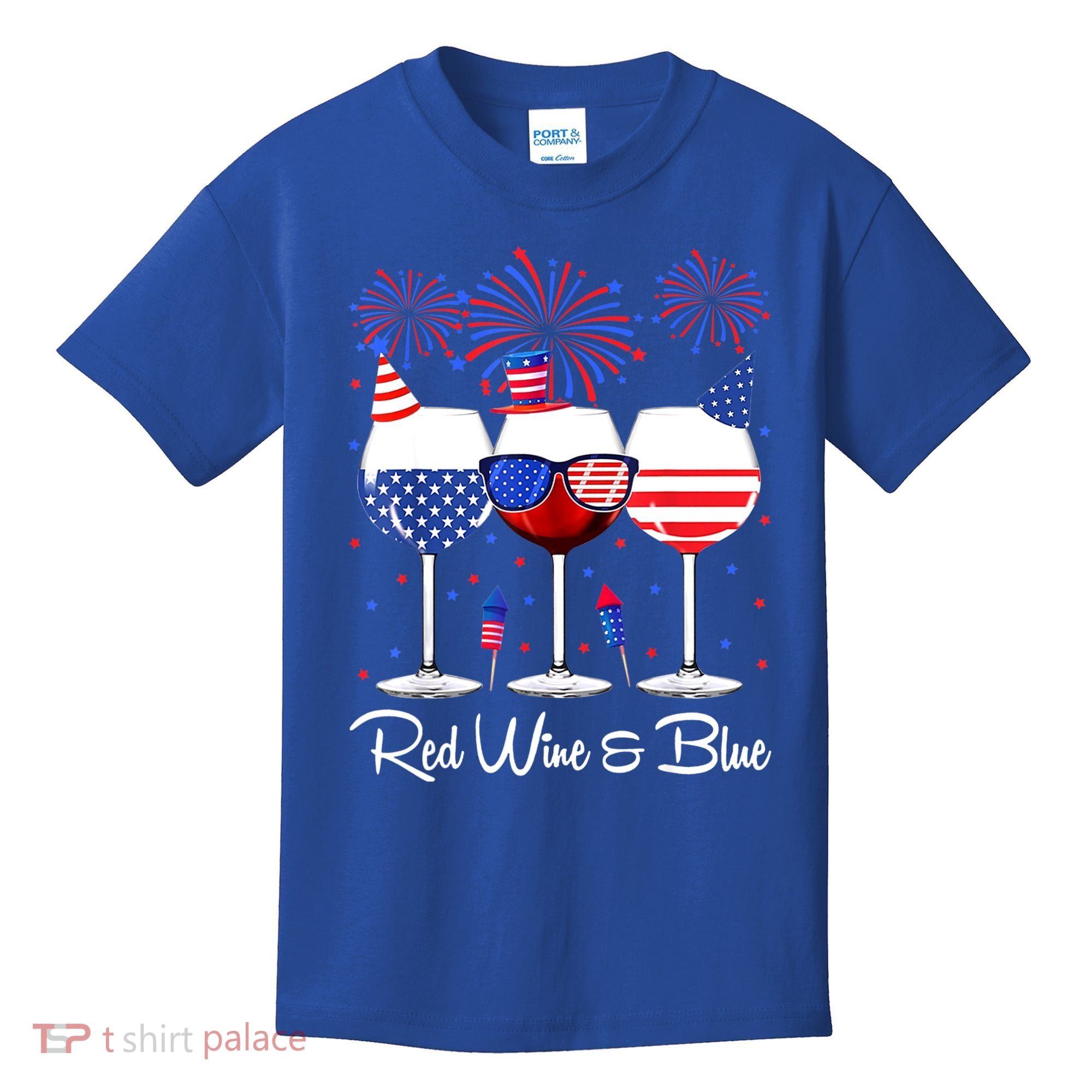 Red Wine & Blue 4th Of July Wine Red White Blue Wine Glasses Kids T-Shirt