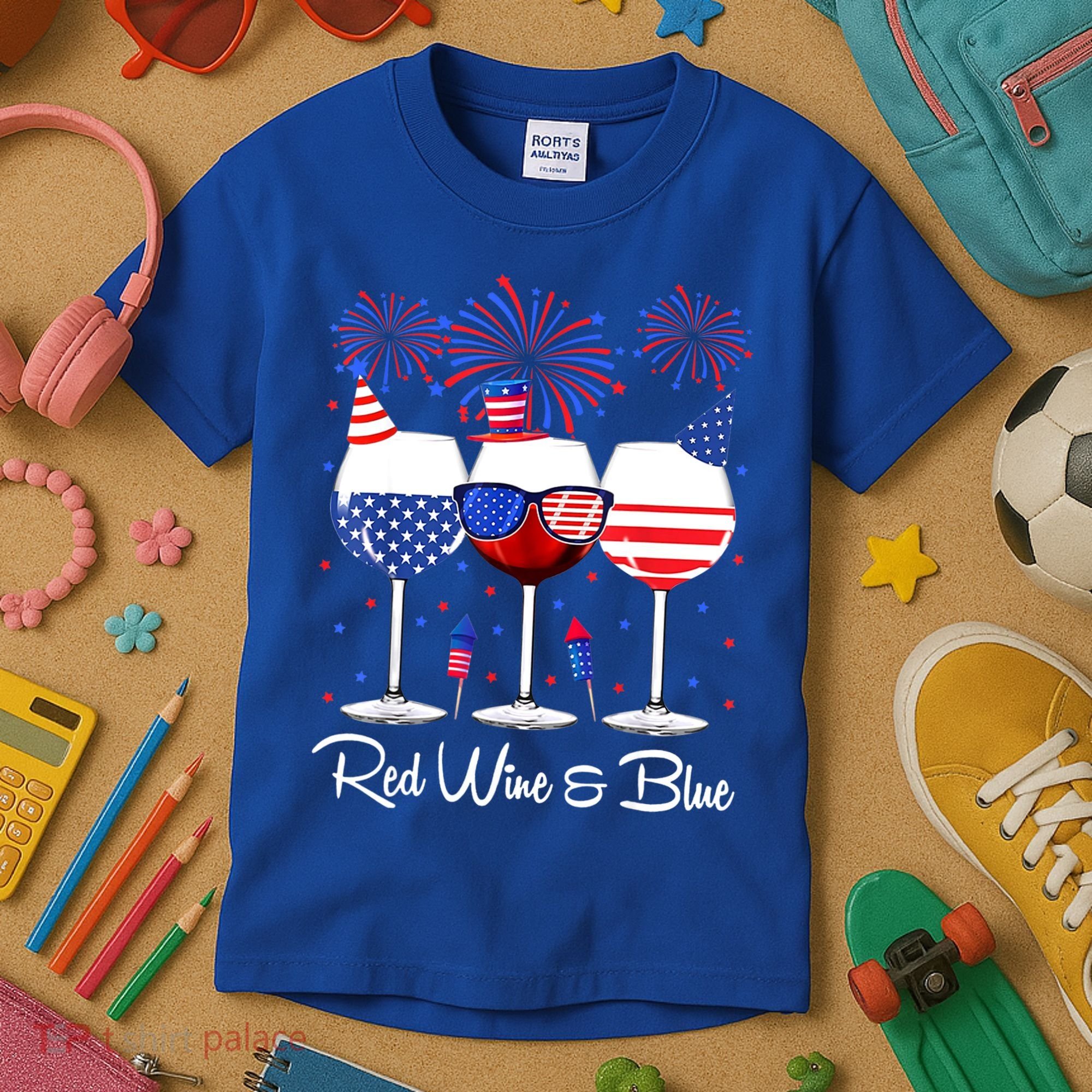 Red Wine & Blue 4th Of July Wine Red White Blue Wine Glasses Kids T-Shirt