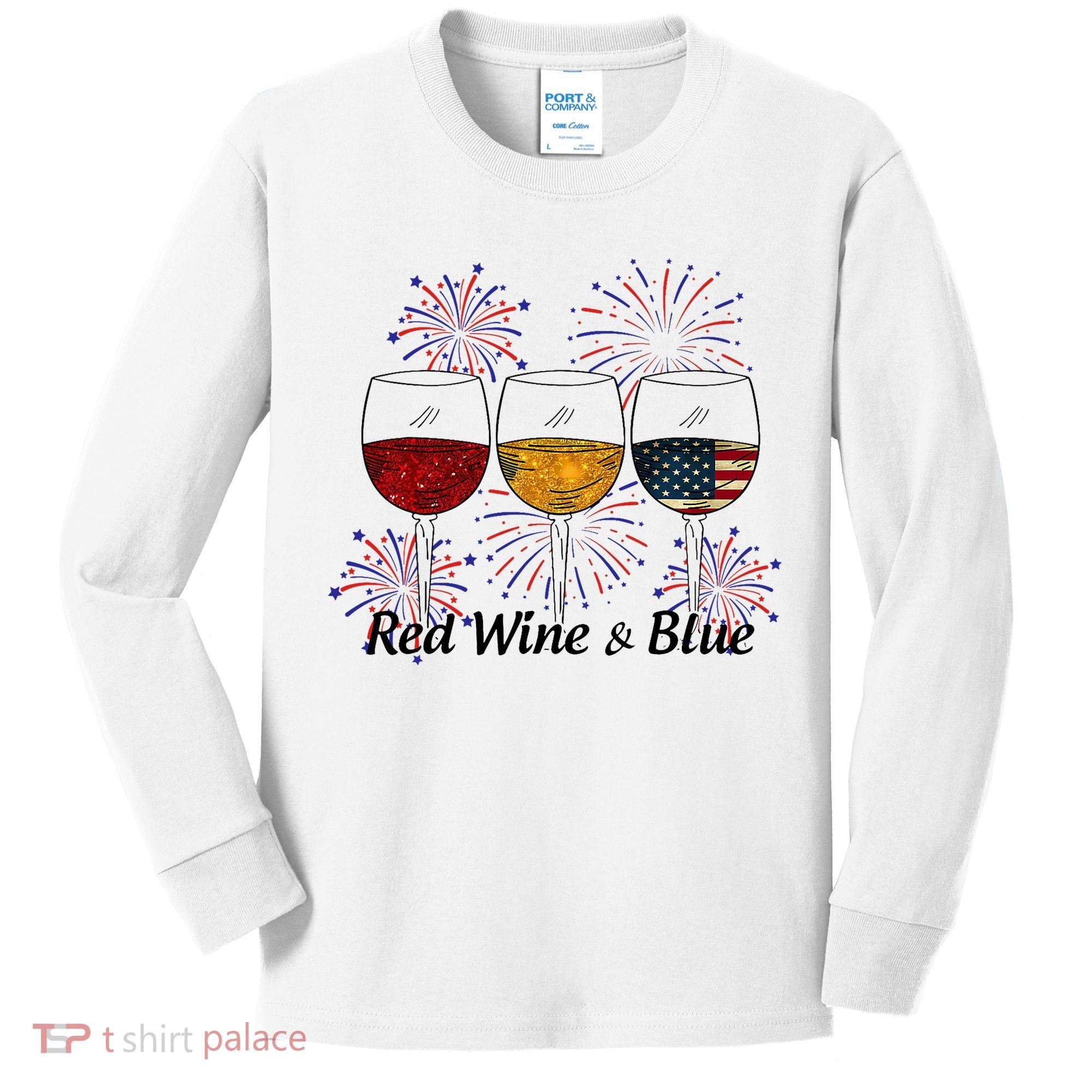 Red Wine & Blue 4th Of July Red White Blue Wine Glasses Kids Long Sleeve Shirt
