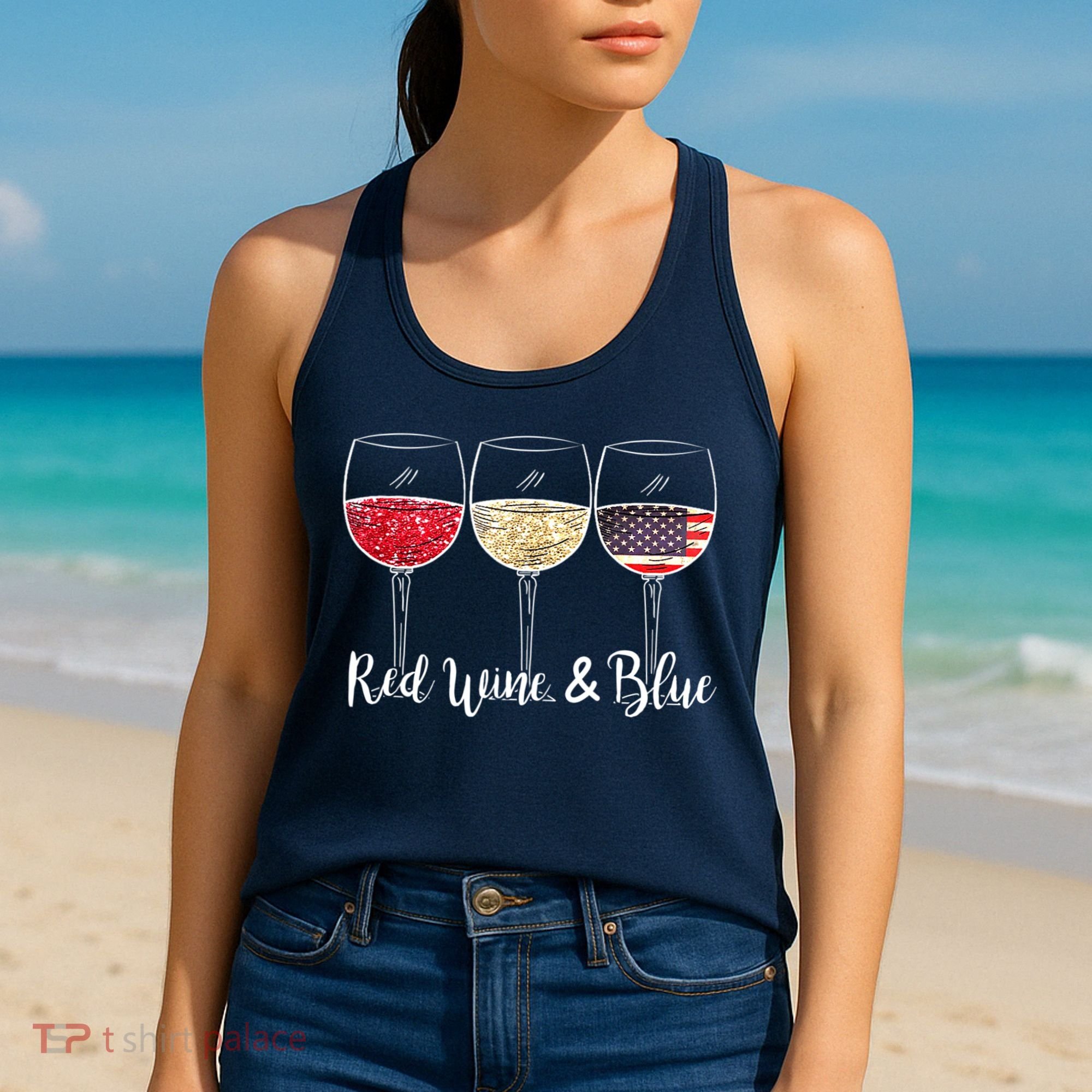 Red Wine & Blue 4th Of July Wine Red White Blue Wine Glasses Women's Tank Top
