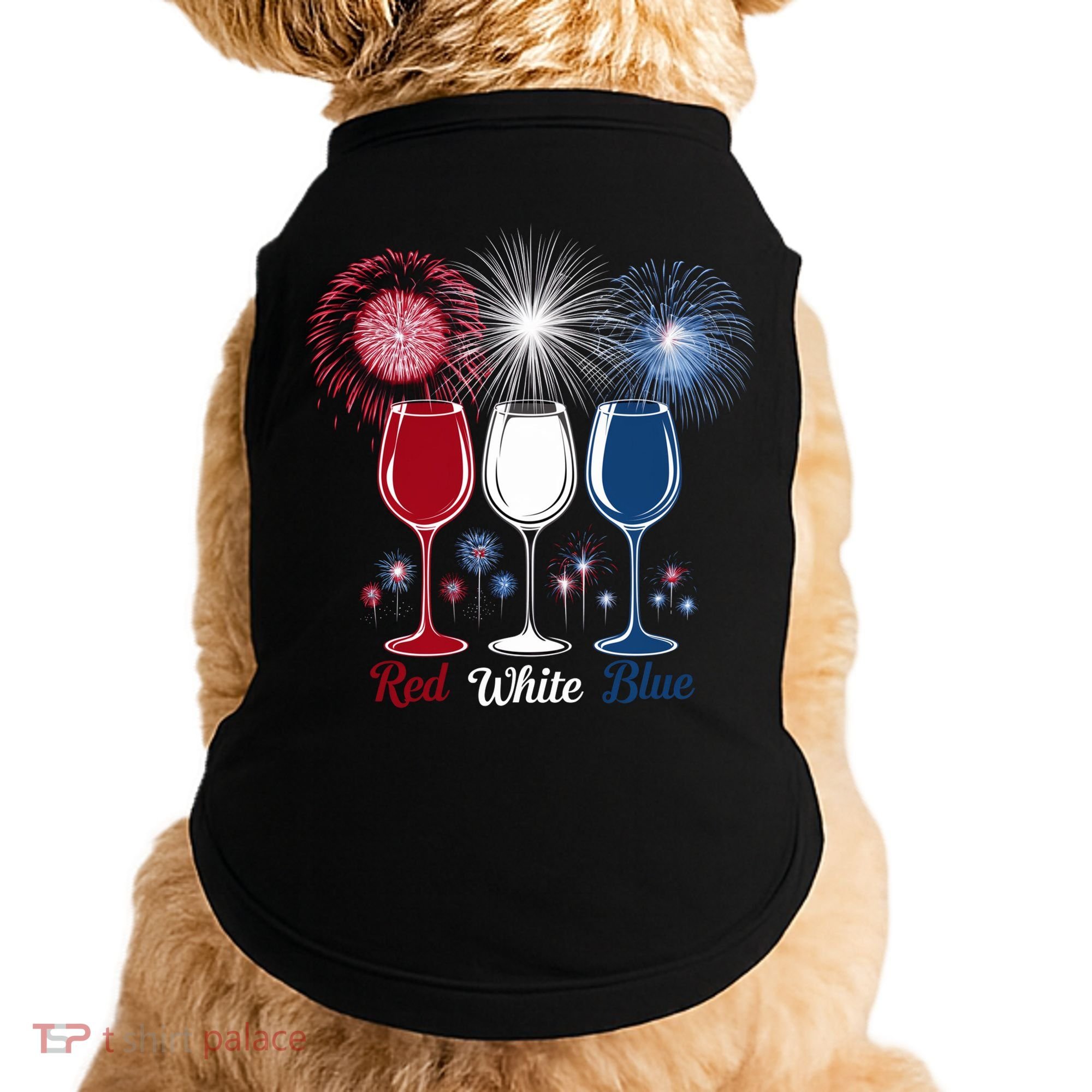 Red Wine & Blue 4th Of July Wine Glasses Firework Patriotic Doggie Tank