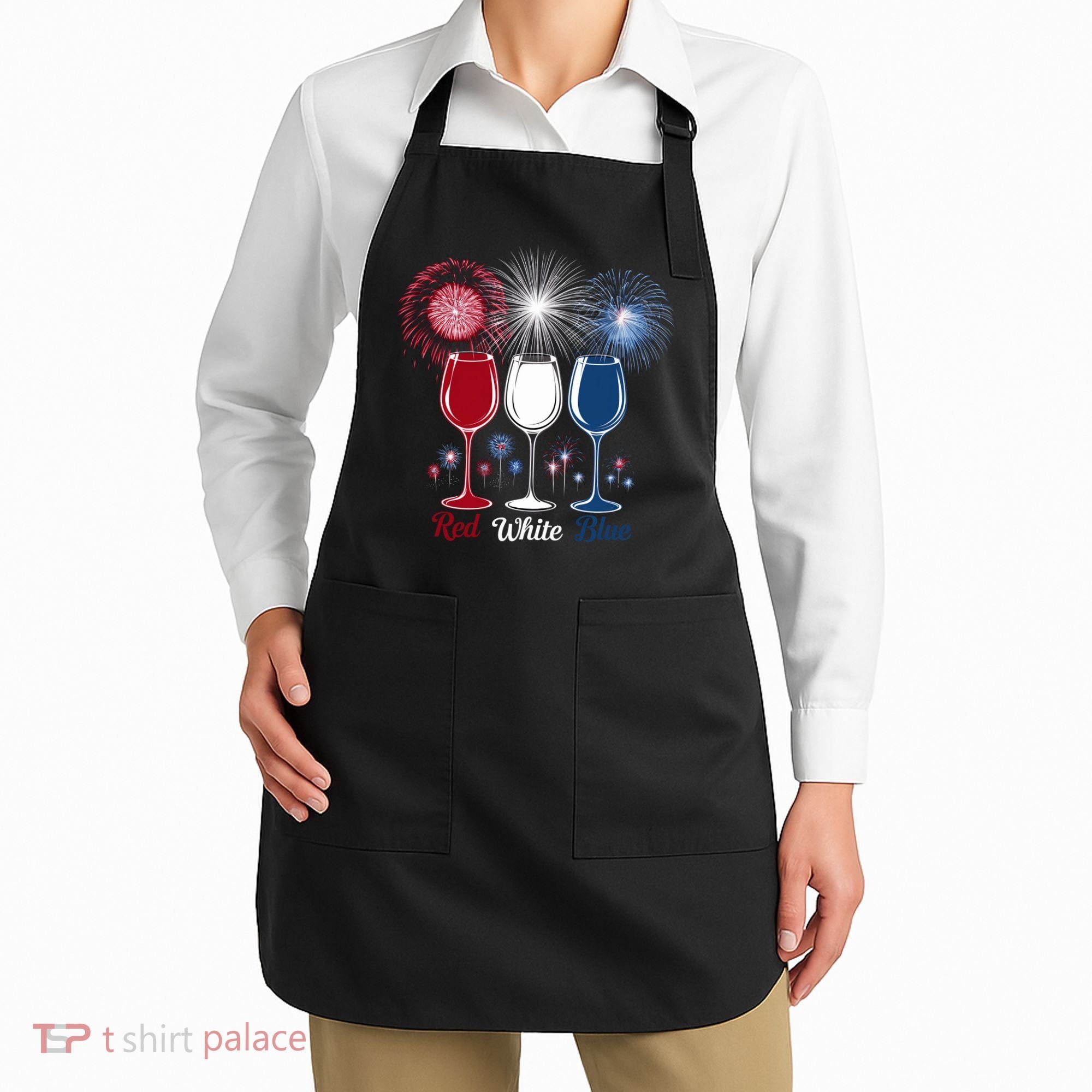 Red Wine & Blue 4th Of July Wine Glasses Firework Patriotic Apron