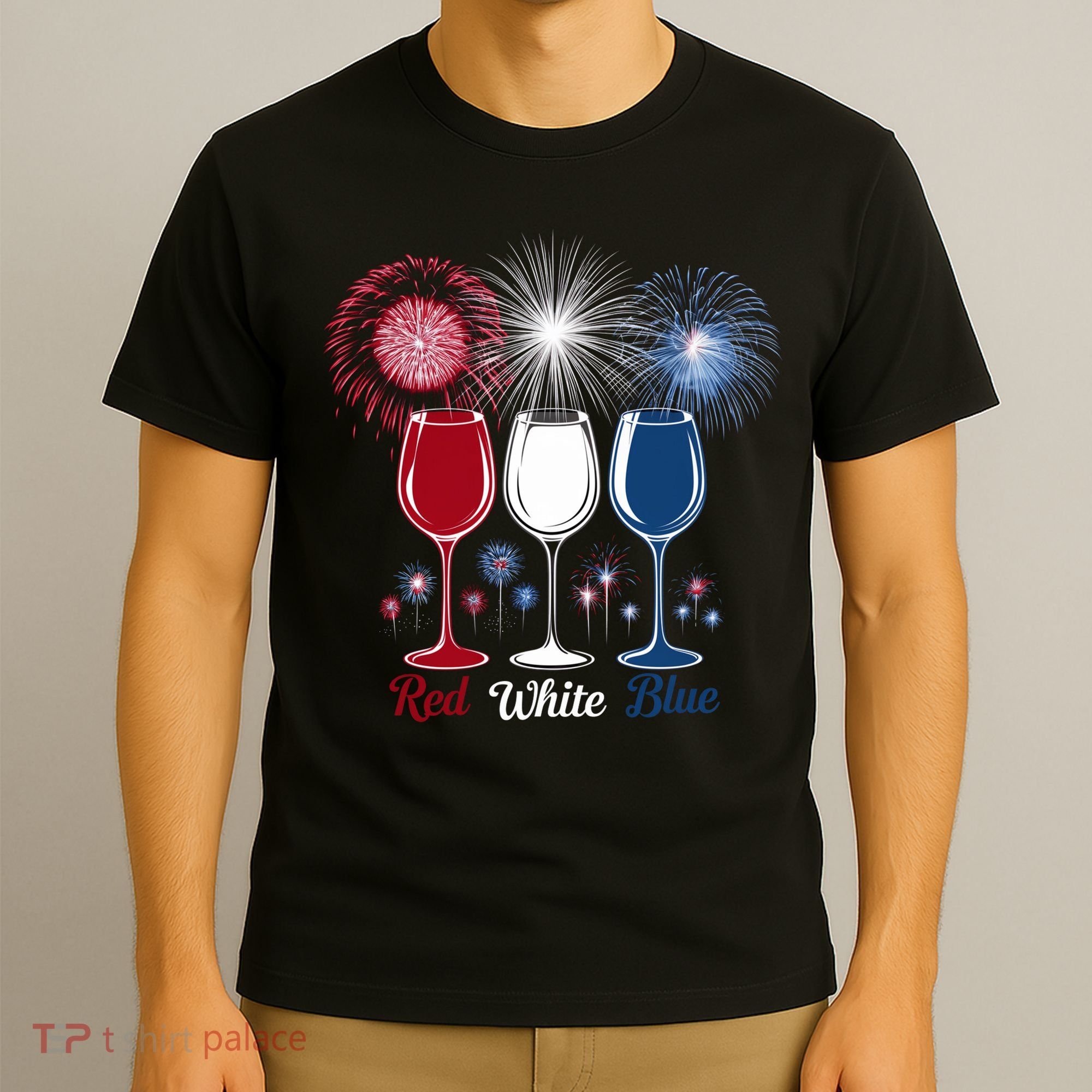 Red Wine & Blue 4th Of July Wine Glasses Firework Patriotic T-Shirt
