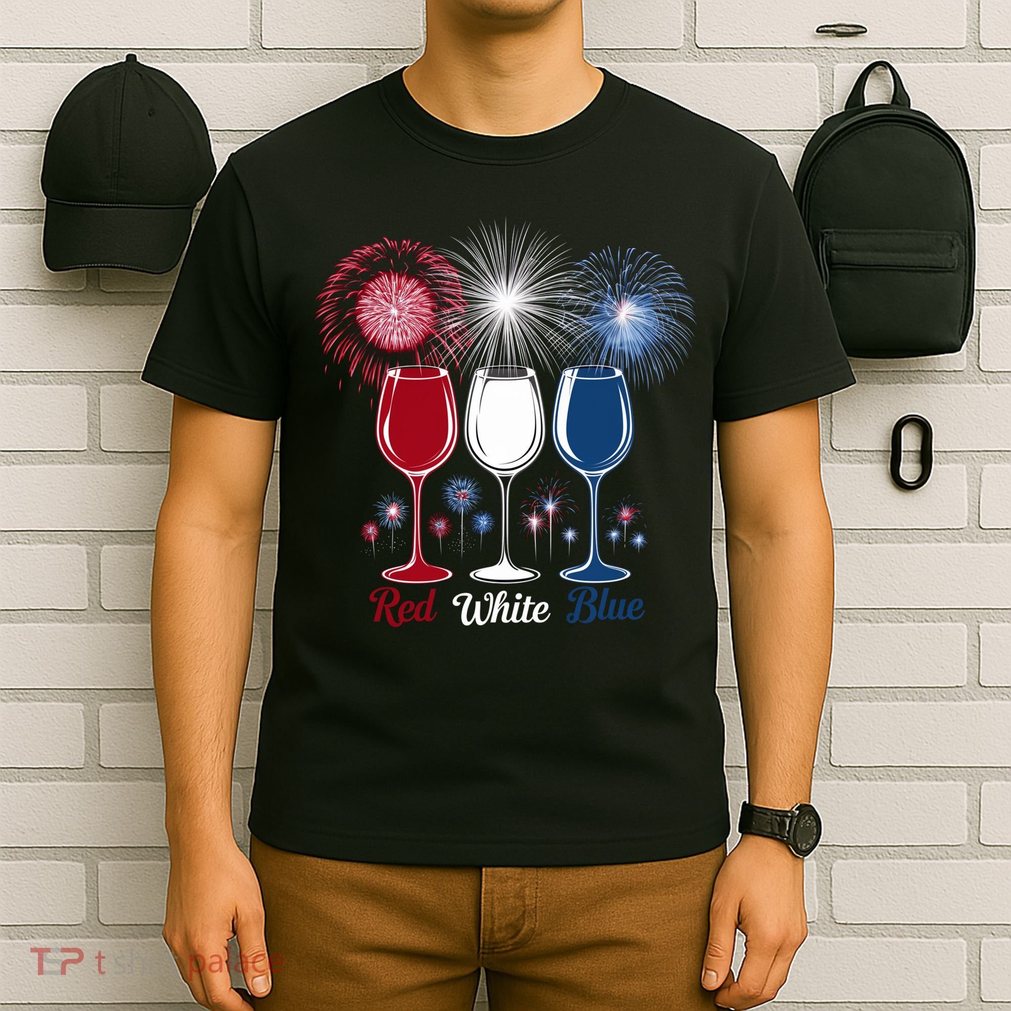 Red Wine & Blue 4th Of July Wine Glasses Firework Patriotic T-Shirt