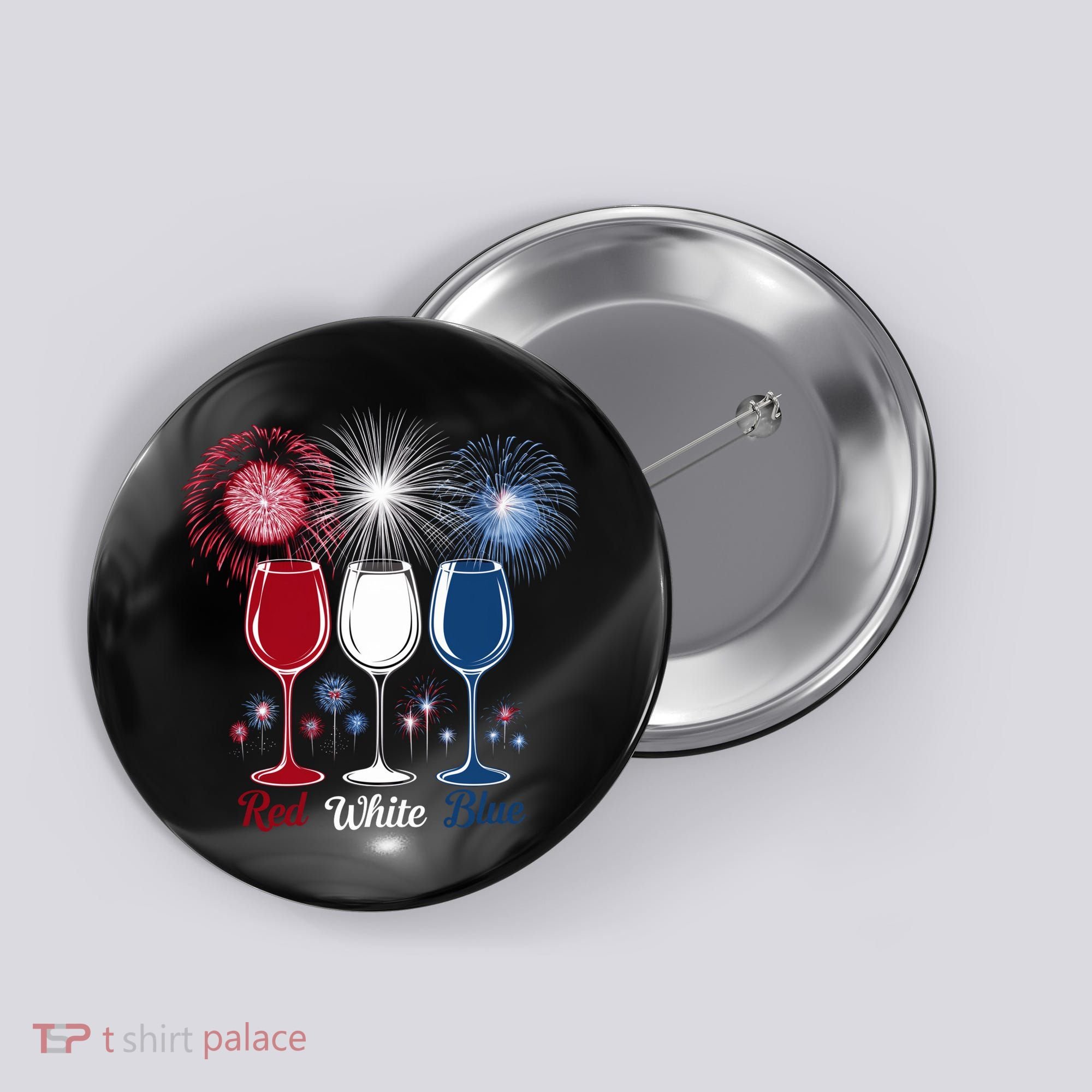 Red Wine & Blue 4th Of July Wine Glasses Firework Patriotic Button