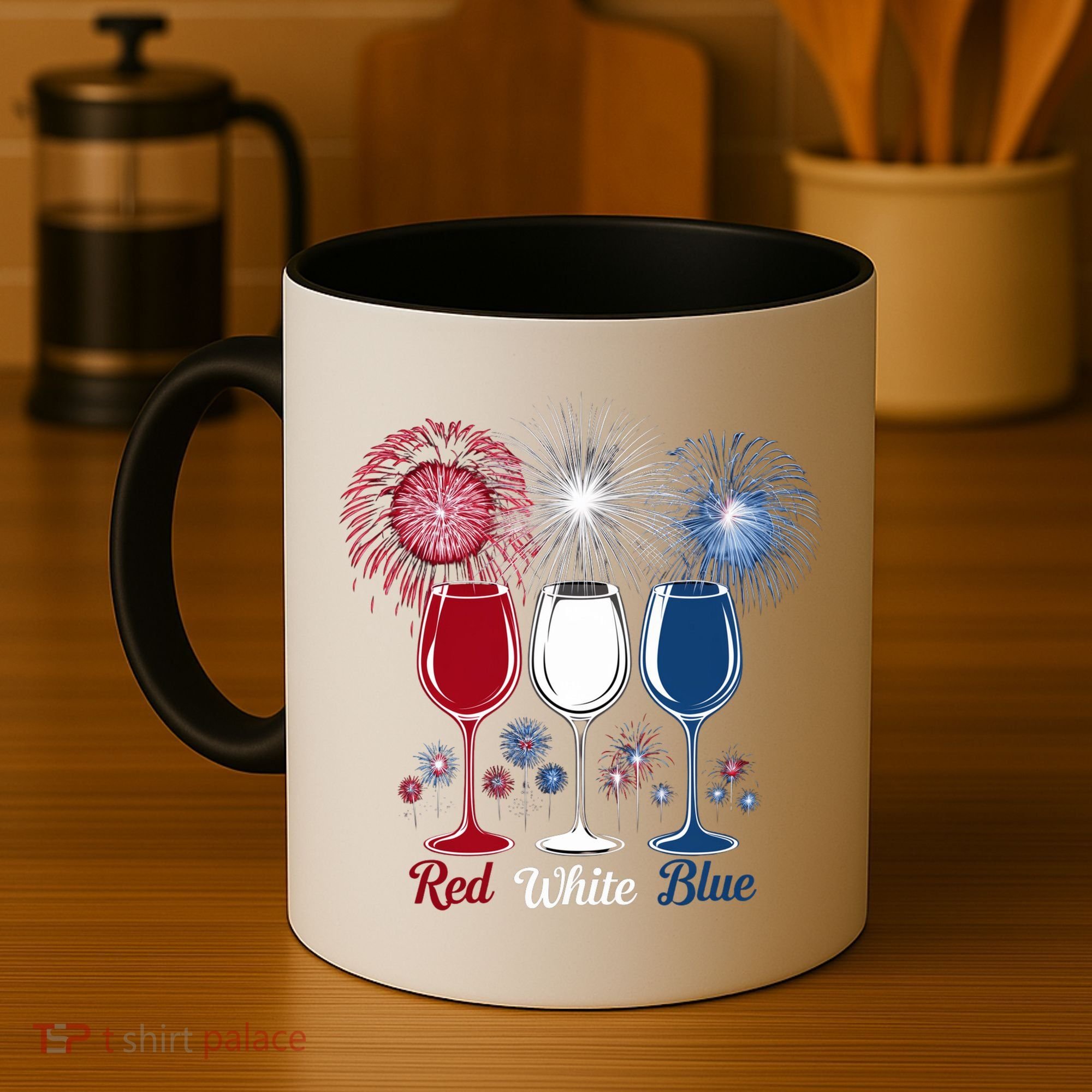 Red Wine & Blue 4th Of July Wine Glasses Firework Patriotic Coffee Mug