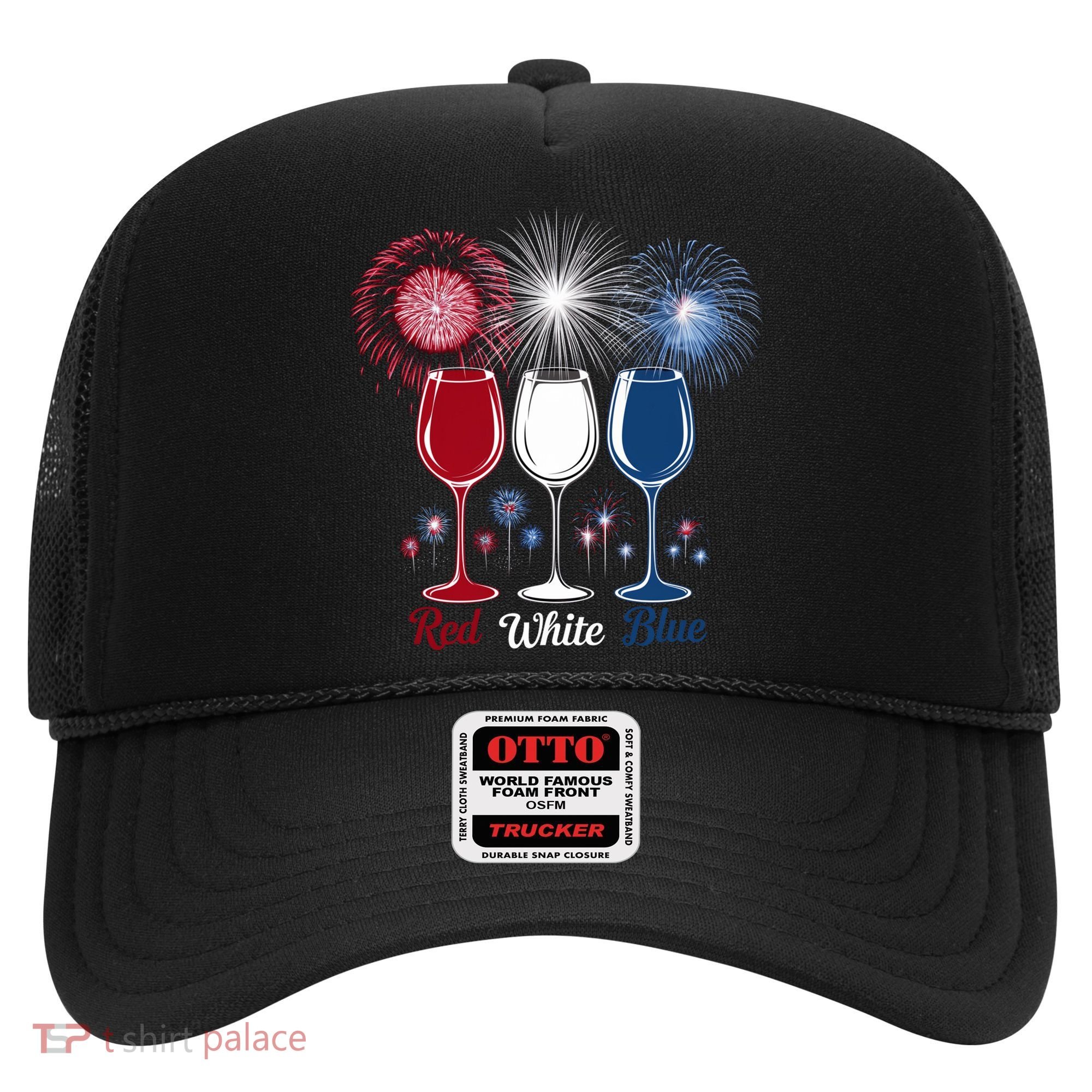 Red Wine & Blue 4th Of July Wine Glasses Firework Patriotic Hat