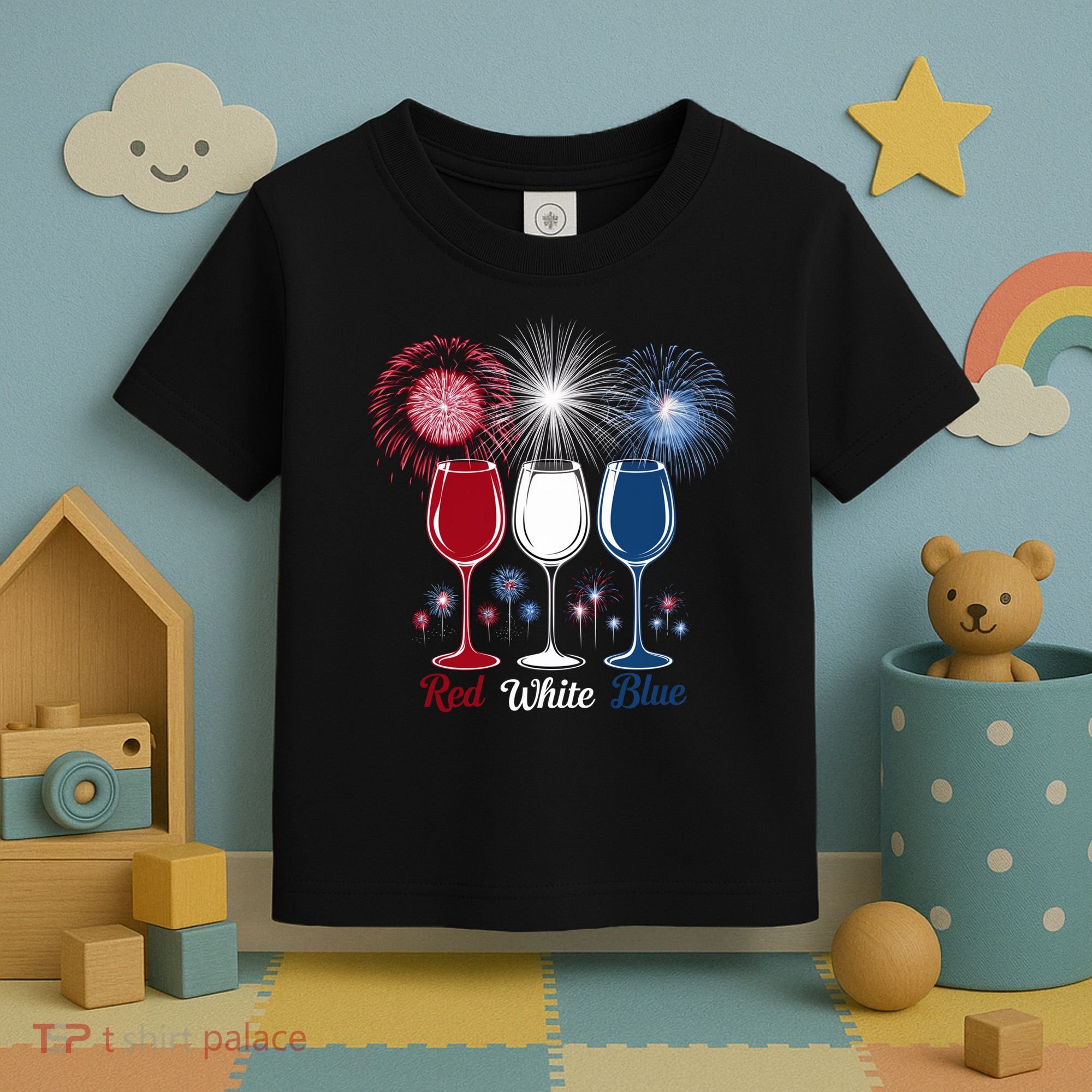 Red Wine & Blue 4th Of July Wine Glasses Firework Patriotic Toddler T-Shirt