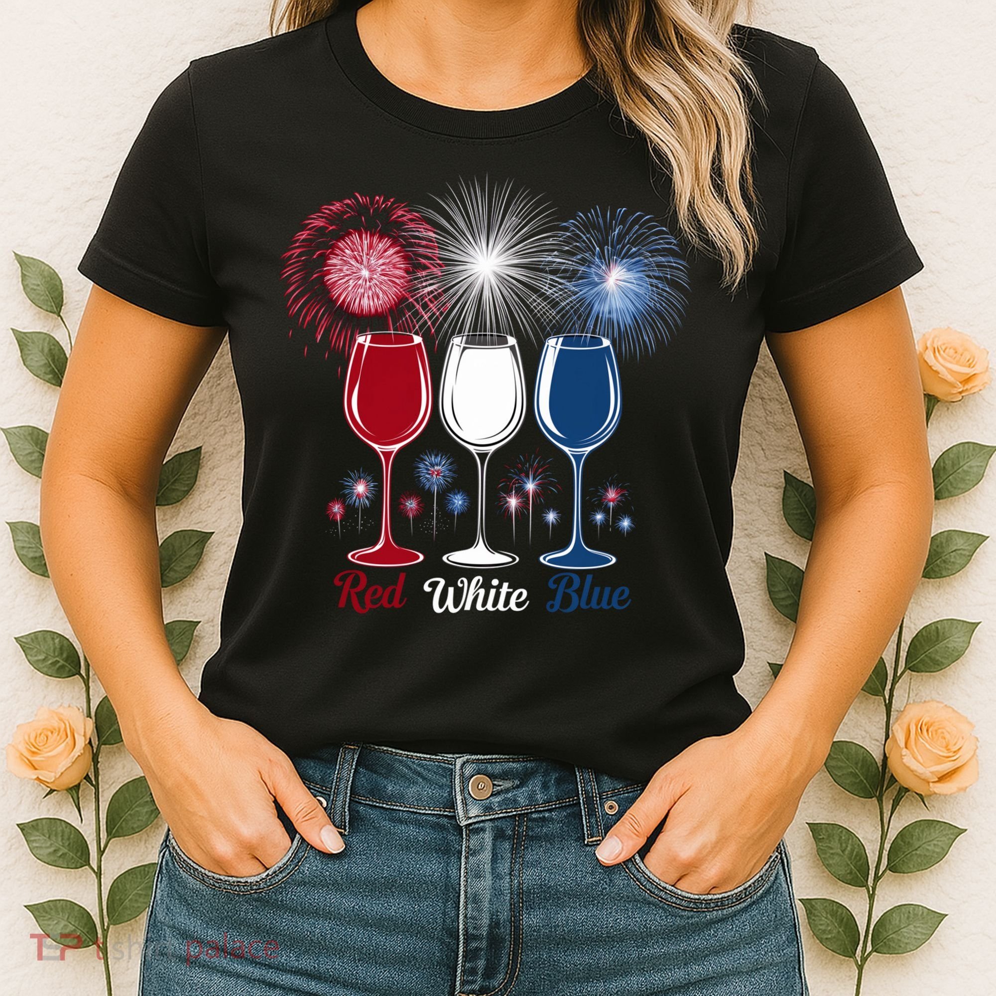 Red Wine & Blue 4th Of July Wine Glasses Firework Patriotic Women's T-Shirt
