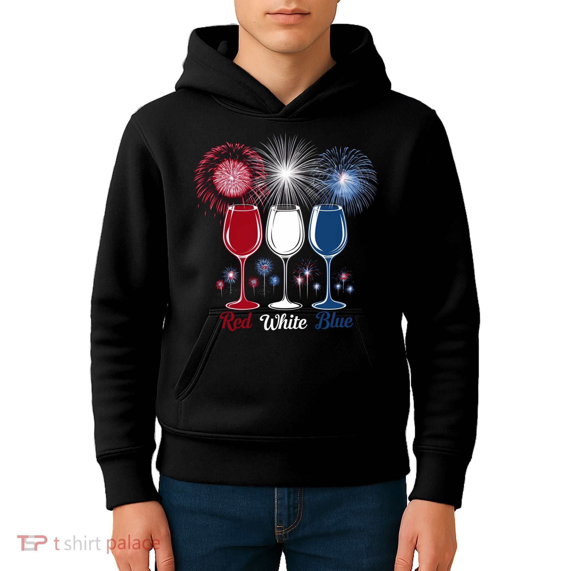 Red Wine & Blue 4th Of July Wine Glasses Firework Patriotic Kids Hoodie