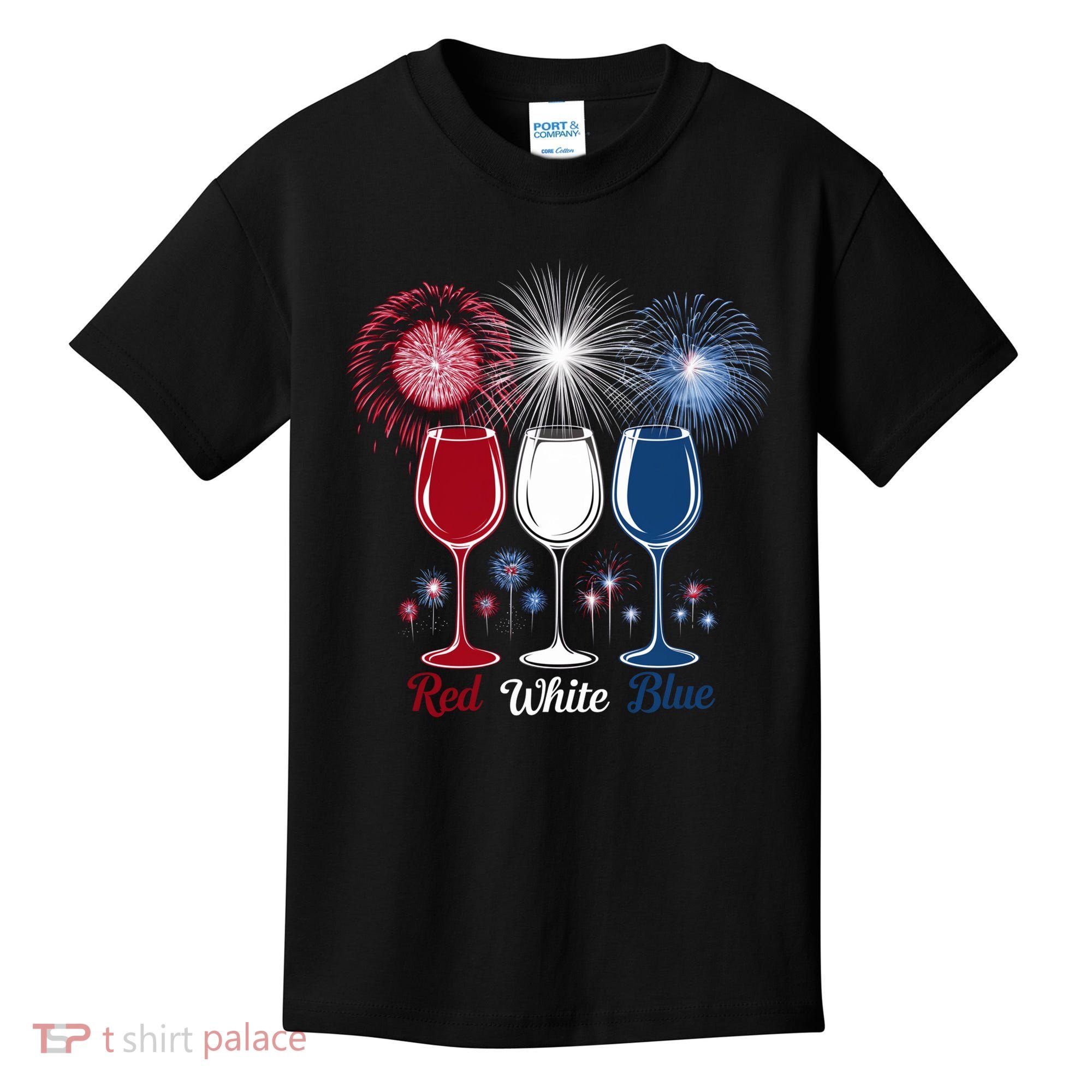 Red Wine & Blue 4th Of July Wine Glasses Firework Patriotic Kids T-Shirt