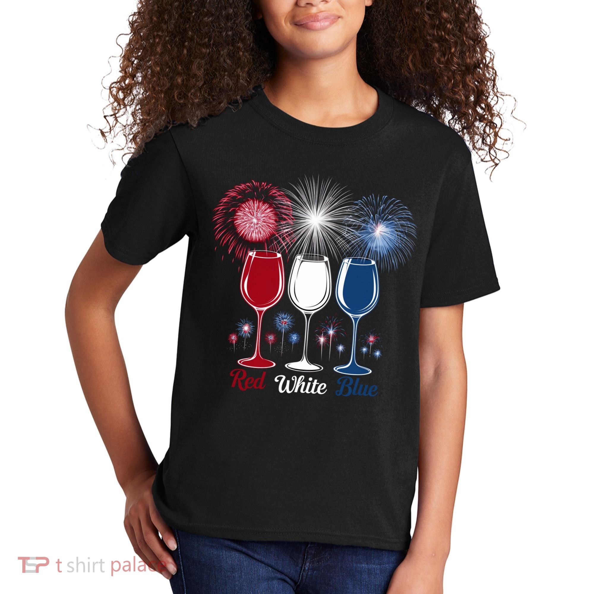 Red Wine & Blue 4th Of July Wine Glasses Firework Patriotic Kids T-Shirt