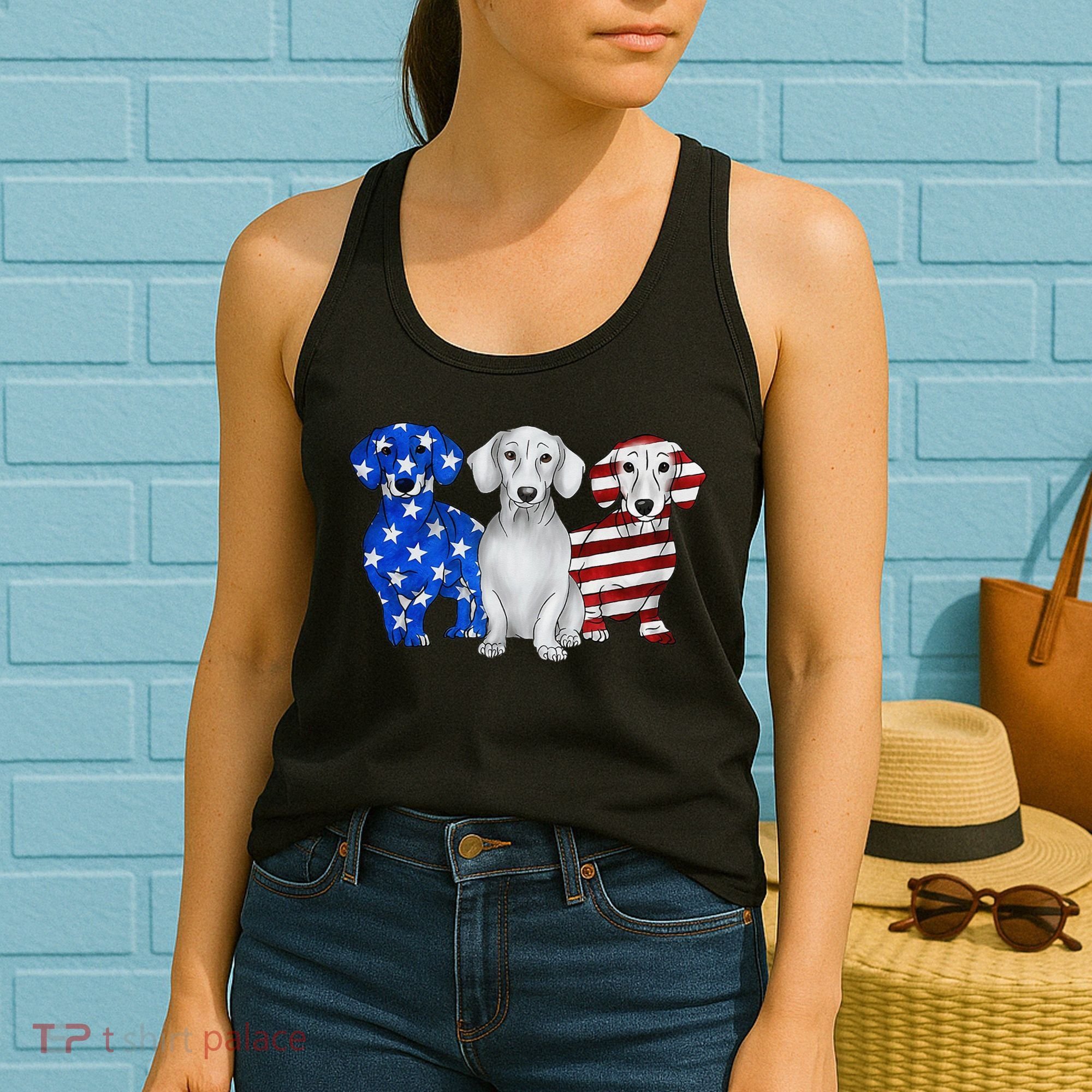 Red White Blue Dachshund American Flag 4th Of July Patriot Women's Tank Top