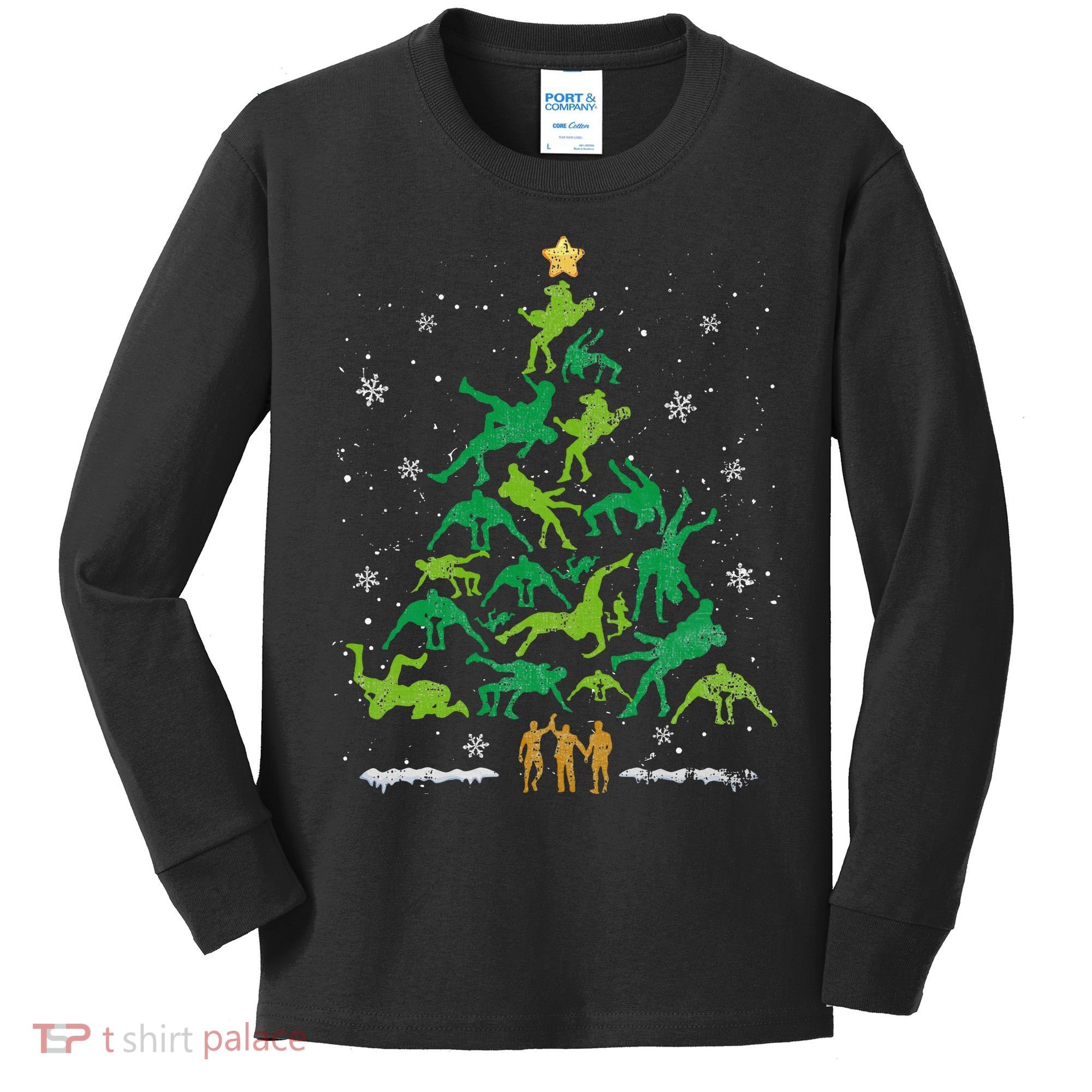 Retro Wrestling Christmas Tree Xmas Wrestling Player Lover Kids Long Sleeve Shirt
