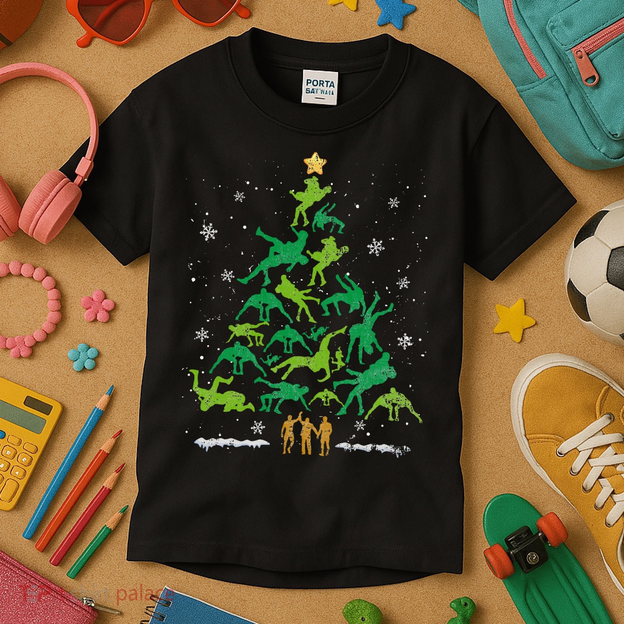 Retro Wrestling Christmas Tree Xmas Wrestling Player Lover Kids T-Shirt
