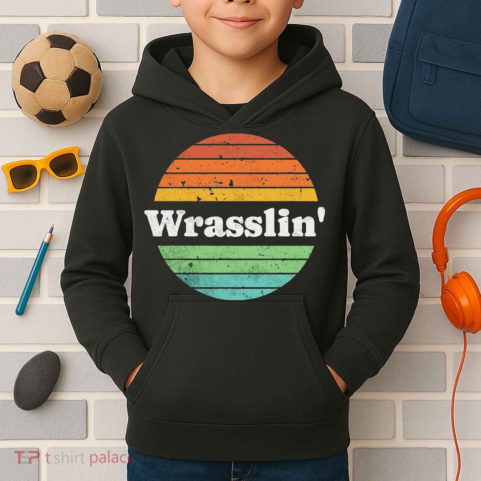 Retro Wrasslin Funny Wrestling Lover 70s Style Kids Hoodie