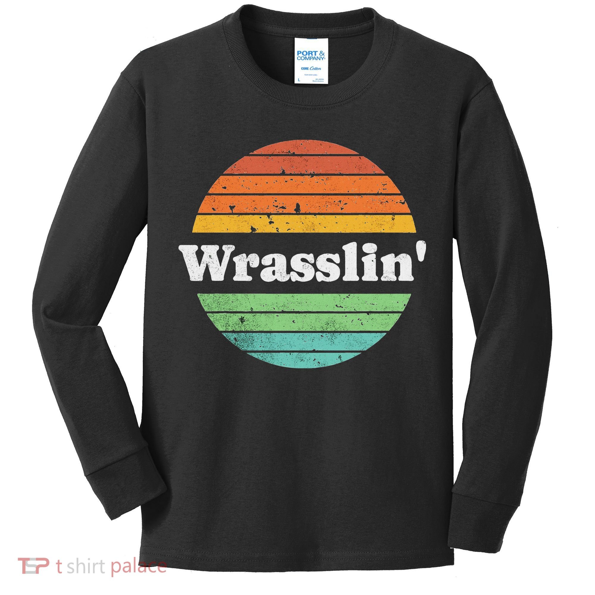 Retro Wrasslin Funny Wrestling Lover 70s Style Kids Long Sleeve Shirt