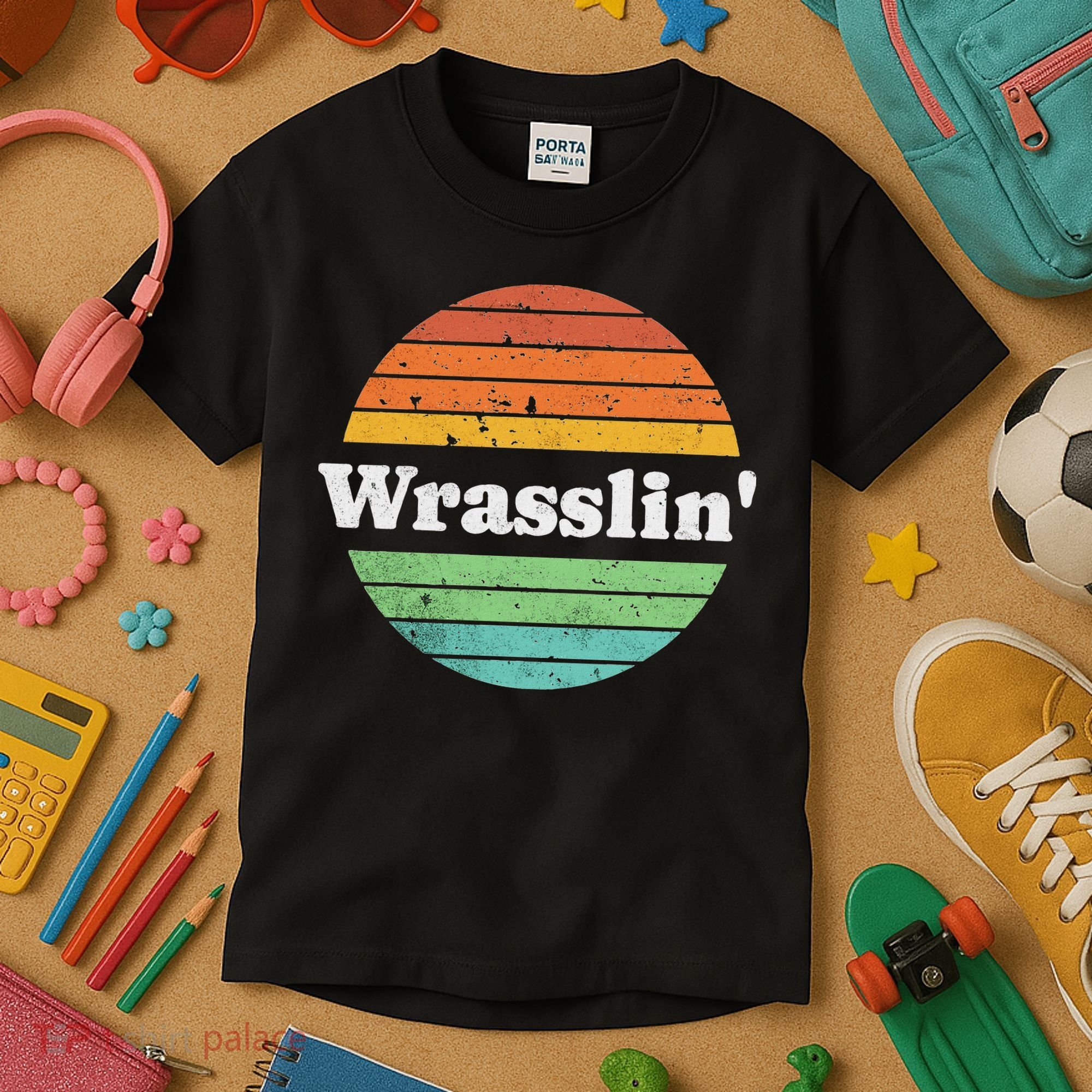 Retro Wrasslin Funny Wrestling Lover 70s Style Kids T-Shirt