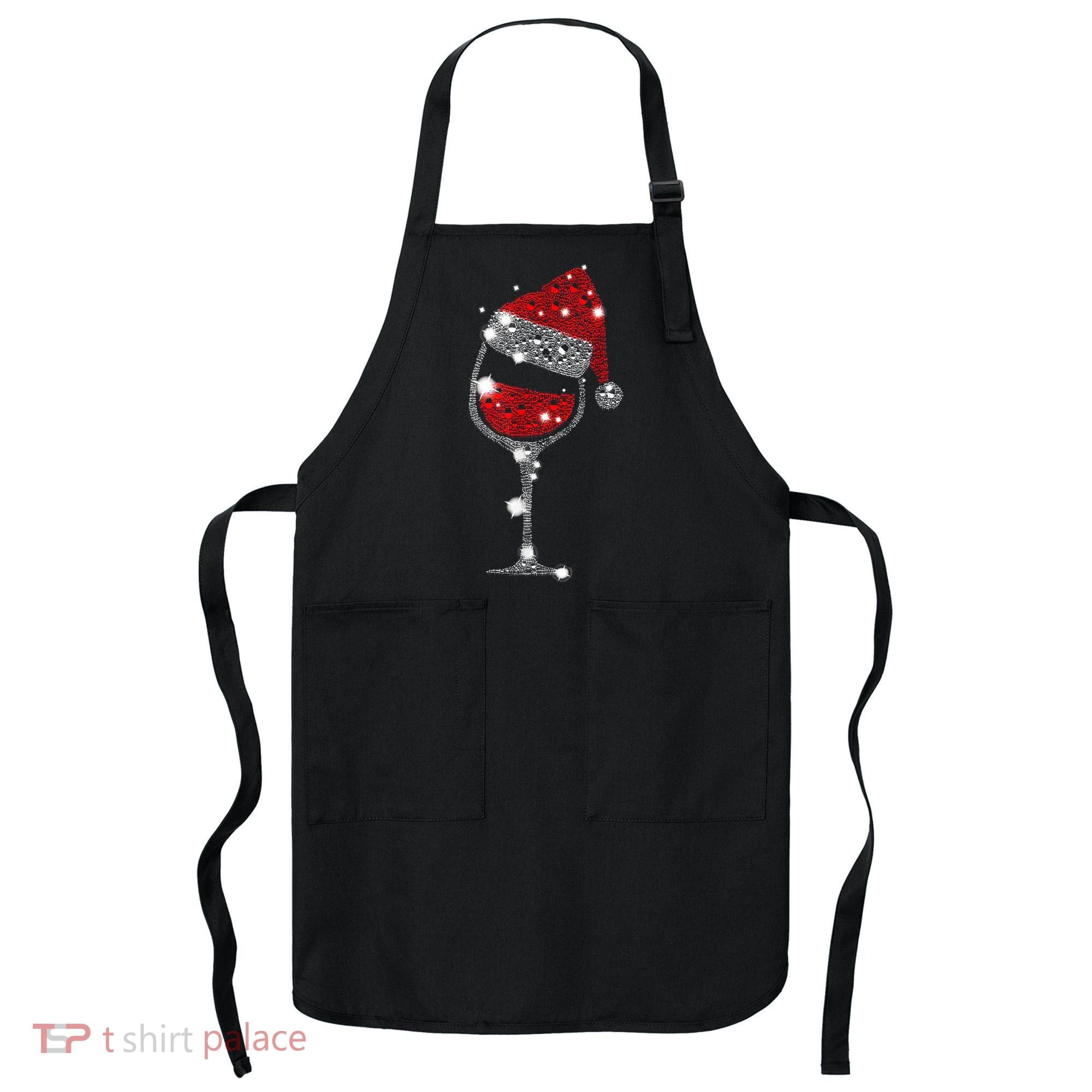 Red Wine Glass Christmas Tee Funny Santa Hat Xmas Gift TShirt Apron