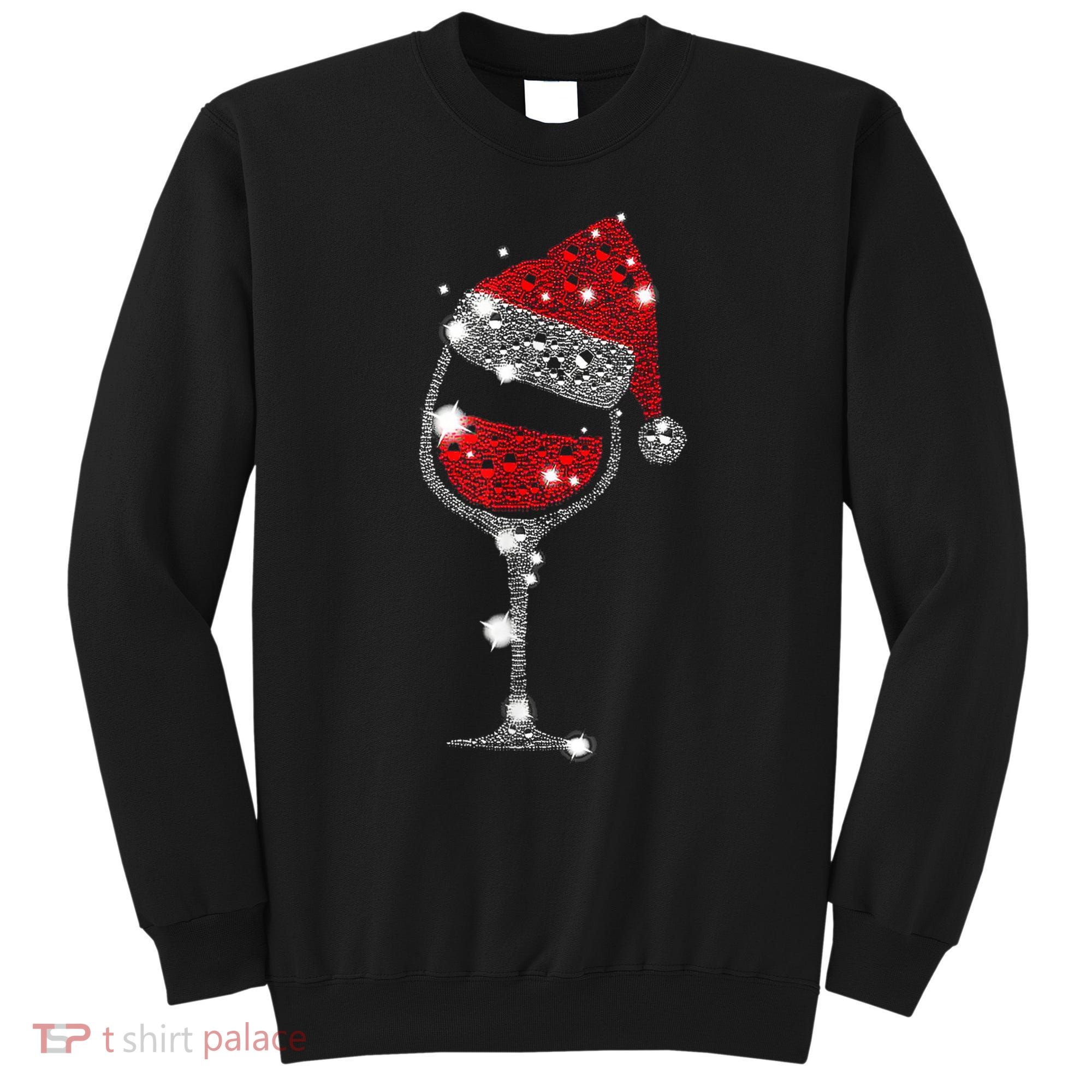 Red Wine Glass Christmas Tee Funny Santa Hat Xmas Gift TShirt Sweatshirt