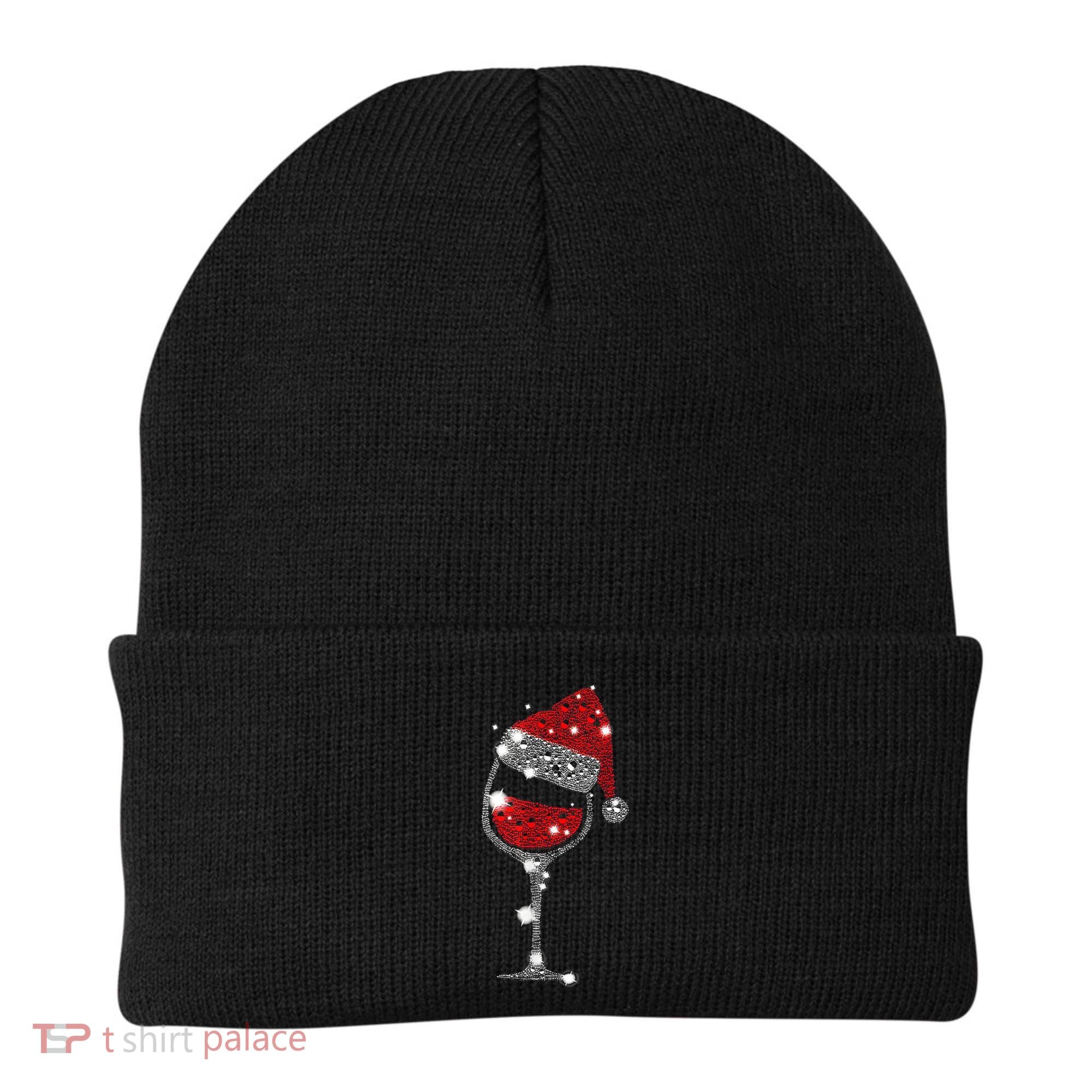 Red Wine Glass Christmas Tee Funny Santa Hat Xmas Gift TShirt Beanie