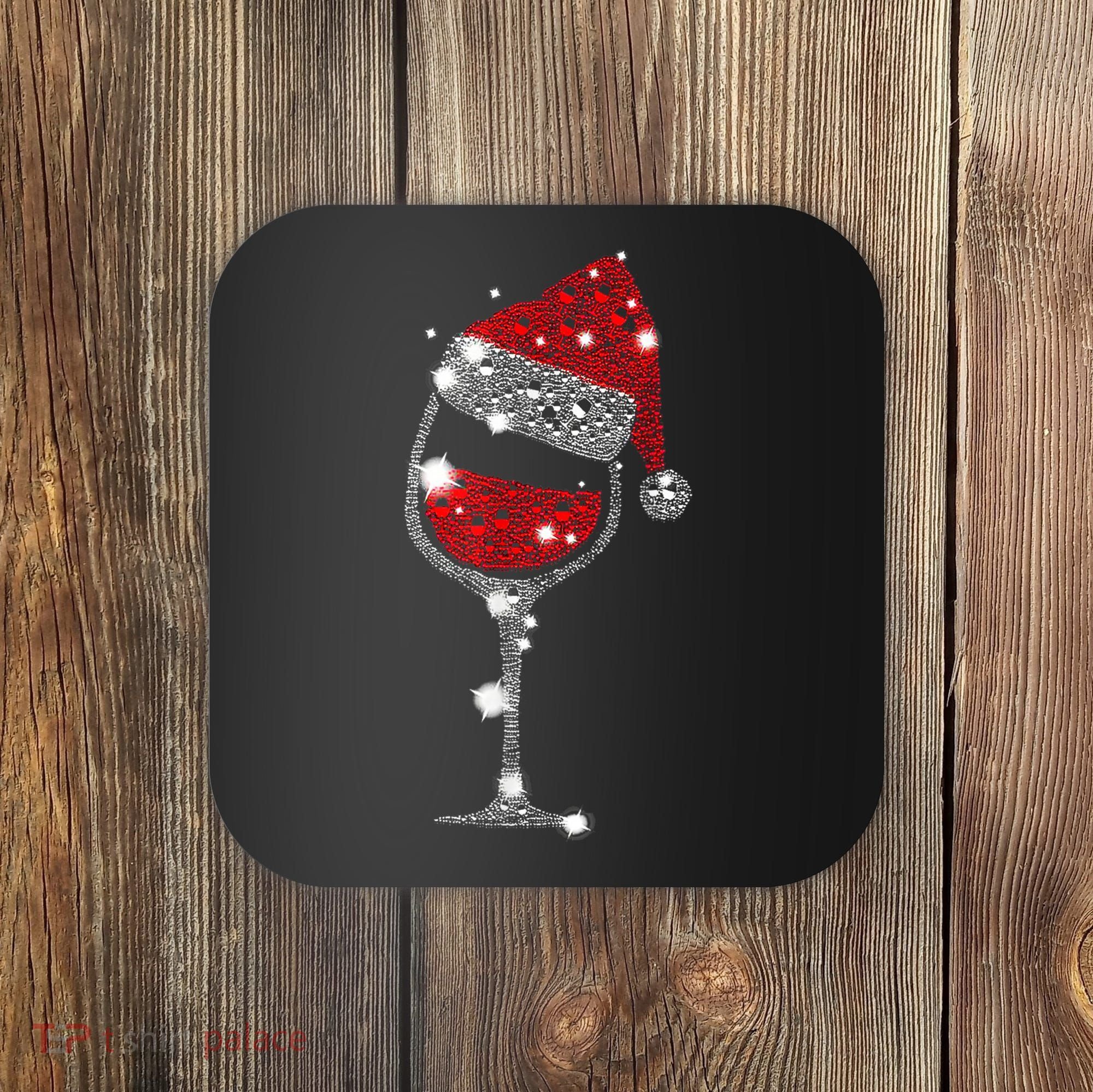 Red Wine Glass Christmas Tee Funny Santa Hat Xmas Gift TShirt Coaster
