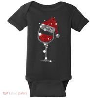 Red Wine Glass Christmas Tee Funny Santa Hat Xmas Gift TShirt Baby Bodysuit thumb 0