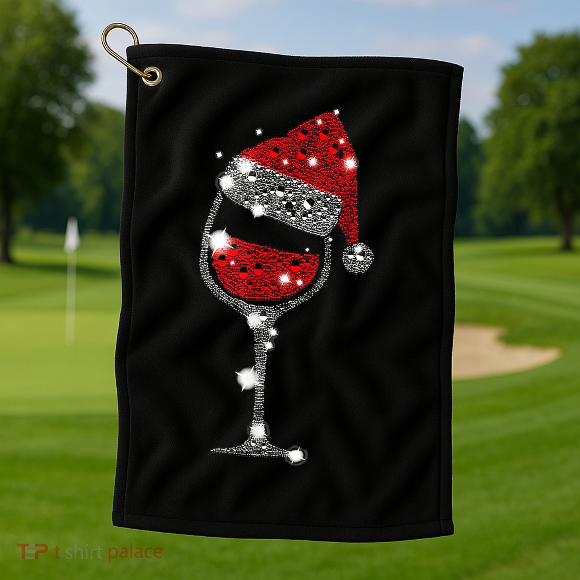 Red Wine Glass Christmas Tee Funny Santa Hat Xmas Gift TShirt Golf Towel
