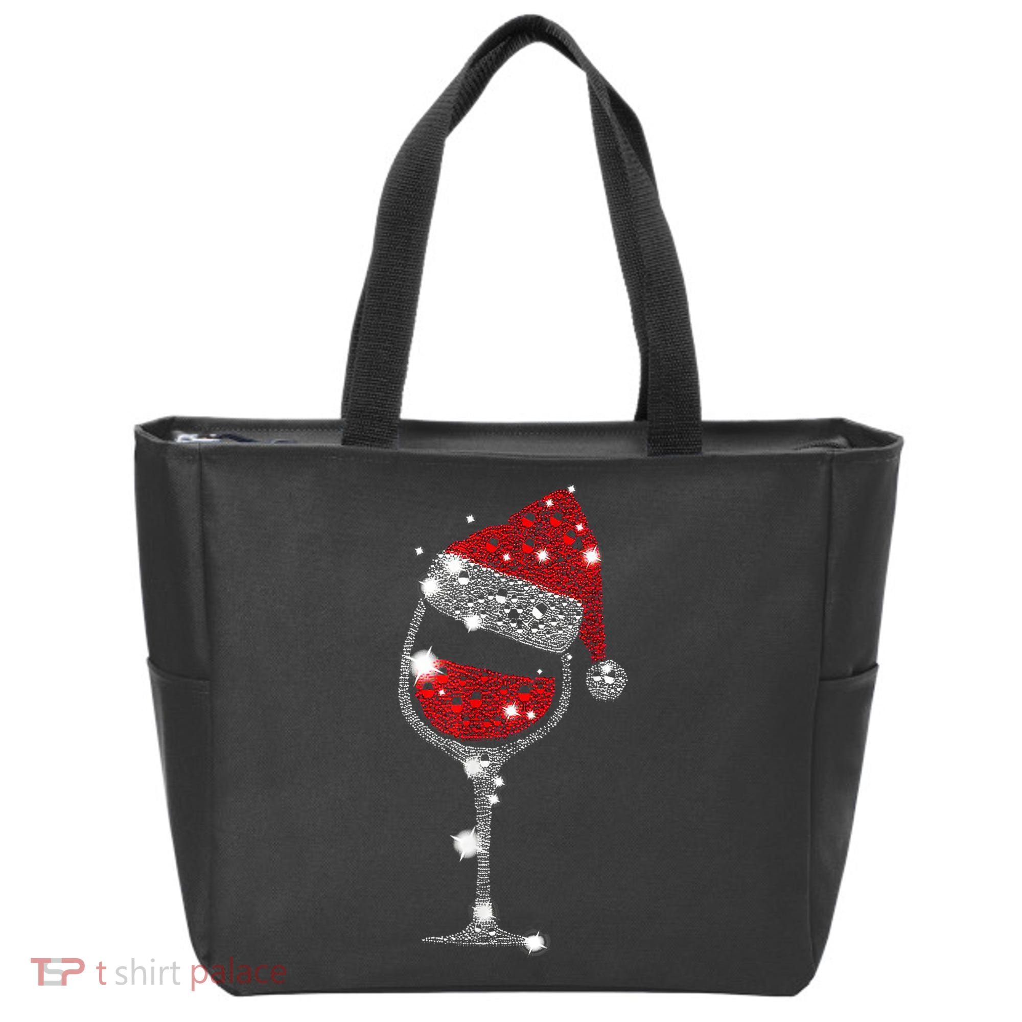 Red Wine Glass Christmas Tee Funny Santa Hat Xmas Gift TShirt Tote Bag