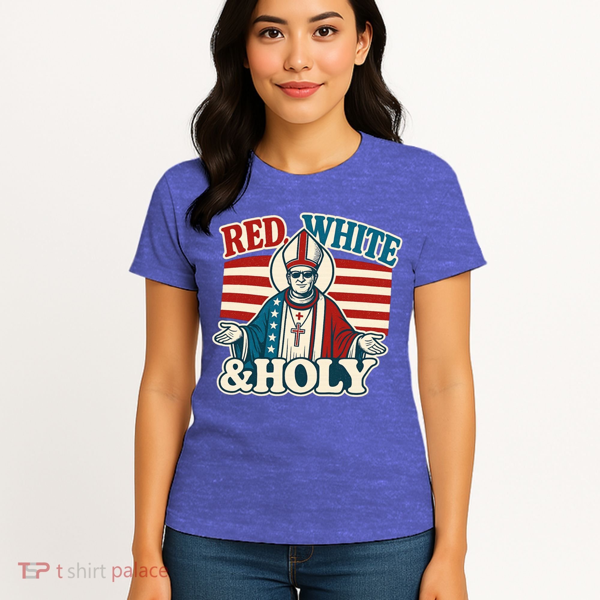 Red White & Holy Pope Leo XIV First American Pope  Women's T-Shirt