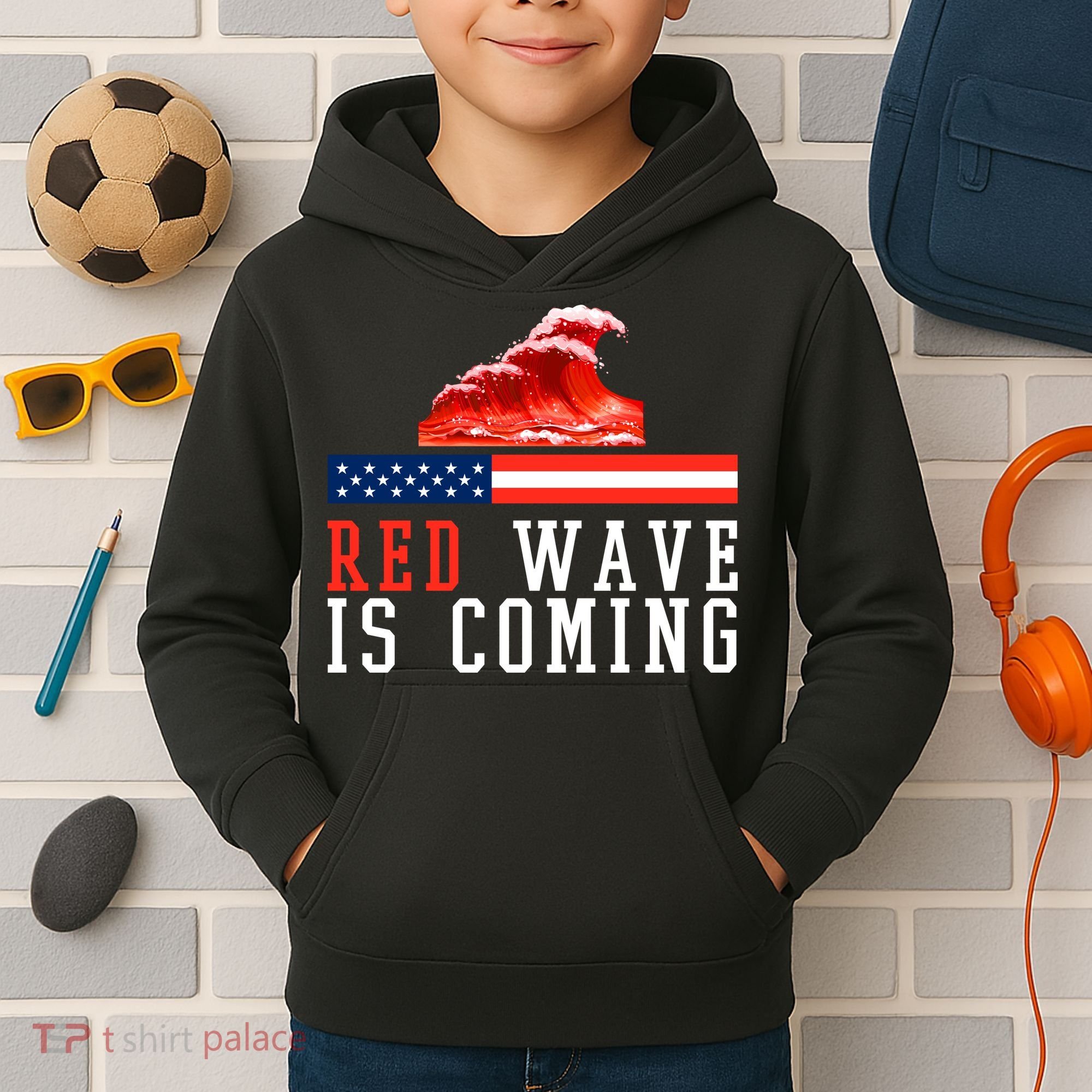 Red Wave Is Coming American Flag Conservative Kids Hoodie