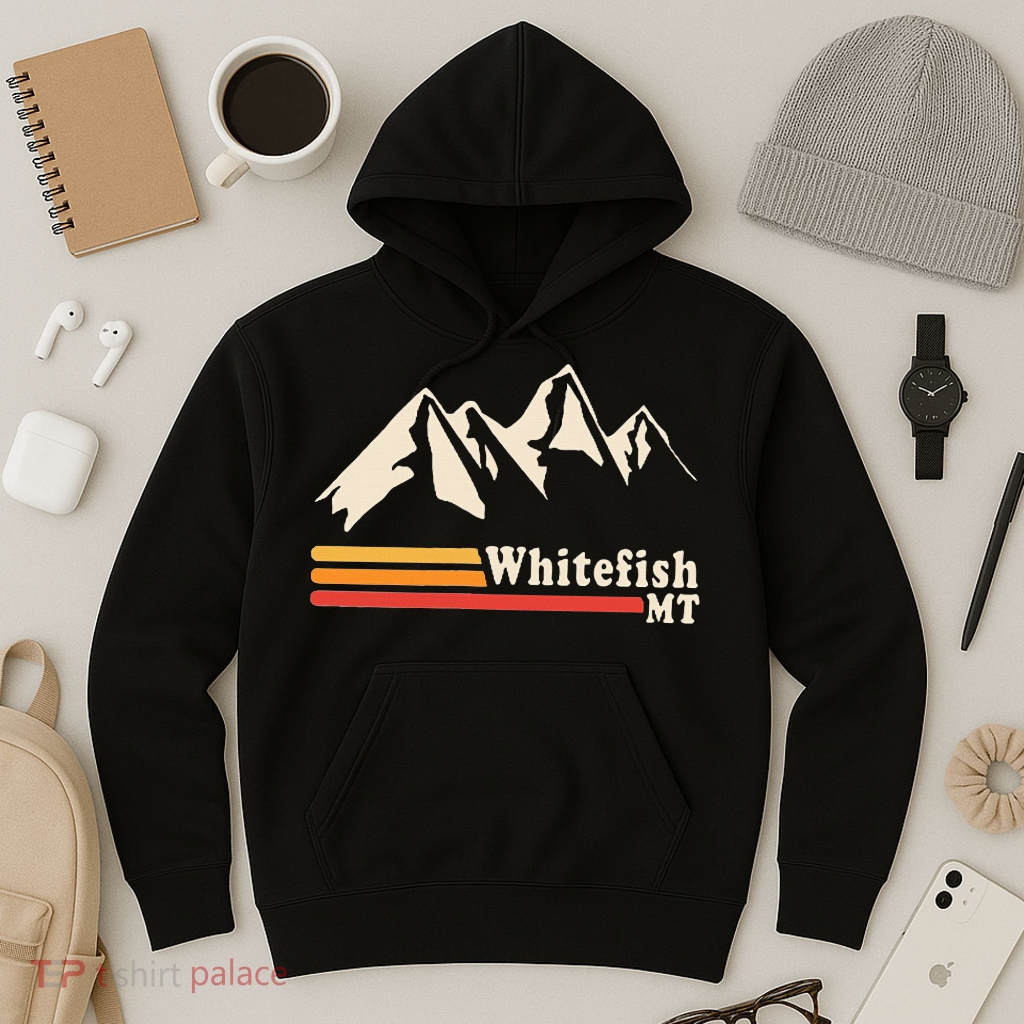 Retro Whitefish Montana Rocky Mountains Ski Hoodie