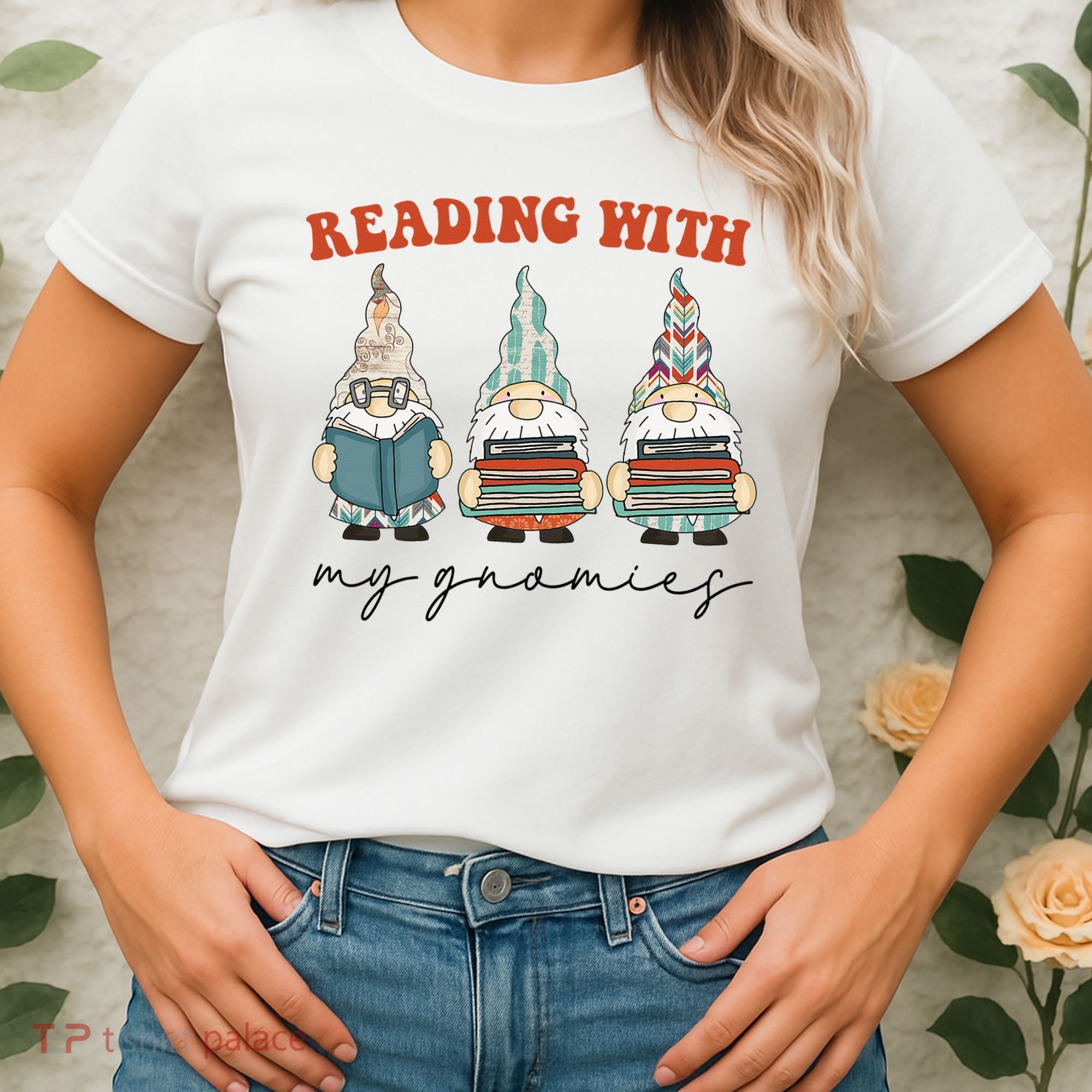 Reading With My Gnomies Funny Book Nerd Gnome Love Reading Women's T-Shirt