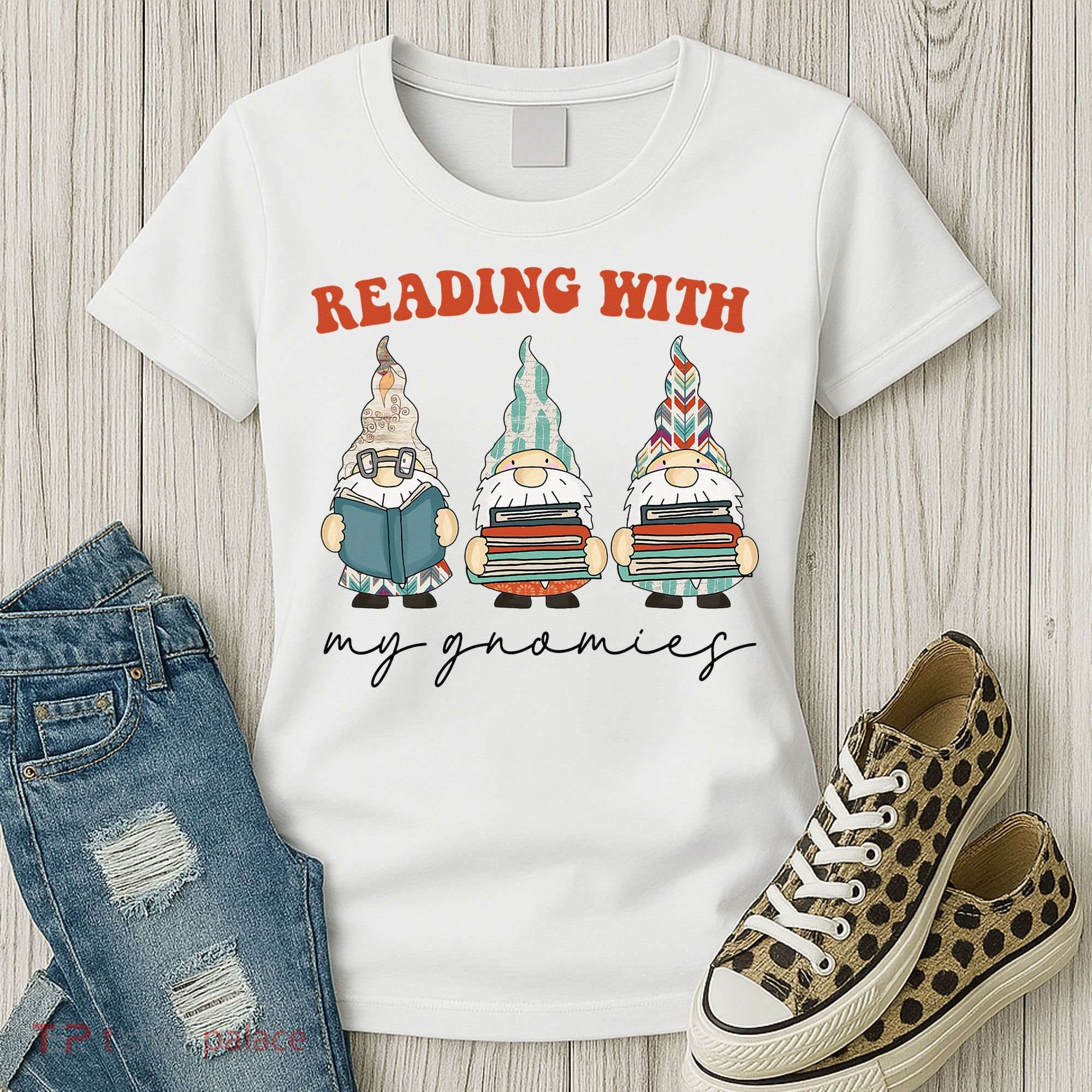 Reading With My Gnomies Funny Book Nerd Gnome Love Reading Women's T-Shirt